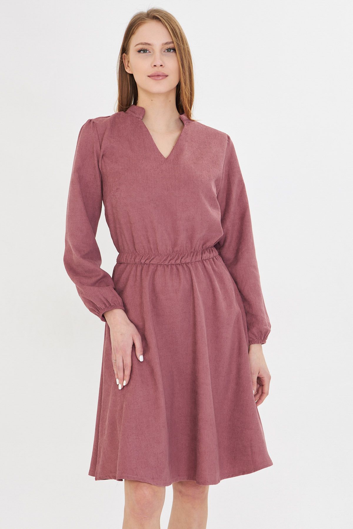 Woman Dark Gülkurusu Velvet V-Yaka Waist Tire Thin Red Clash Dress ARM-25K001049