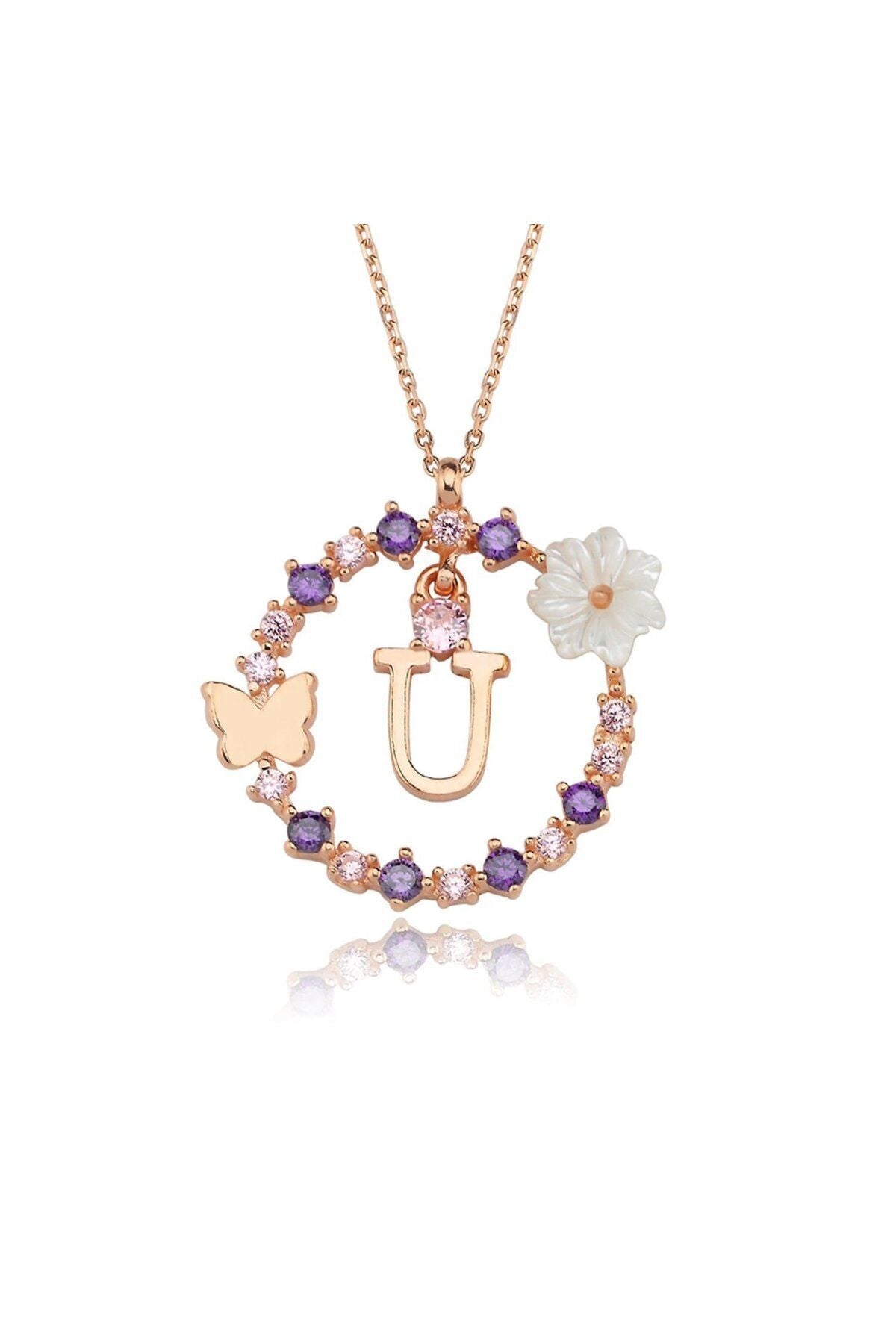 Magnolia Flower Dreams Glitter 14k Rose Gold U Letter Women Necklace