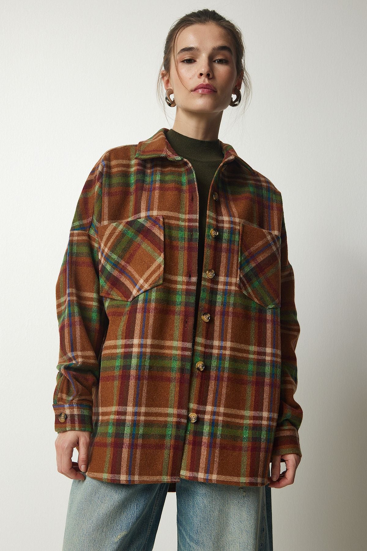 Female Biscuit Green Patterned Oversize Stamp Wdasting Shirt TU00034