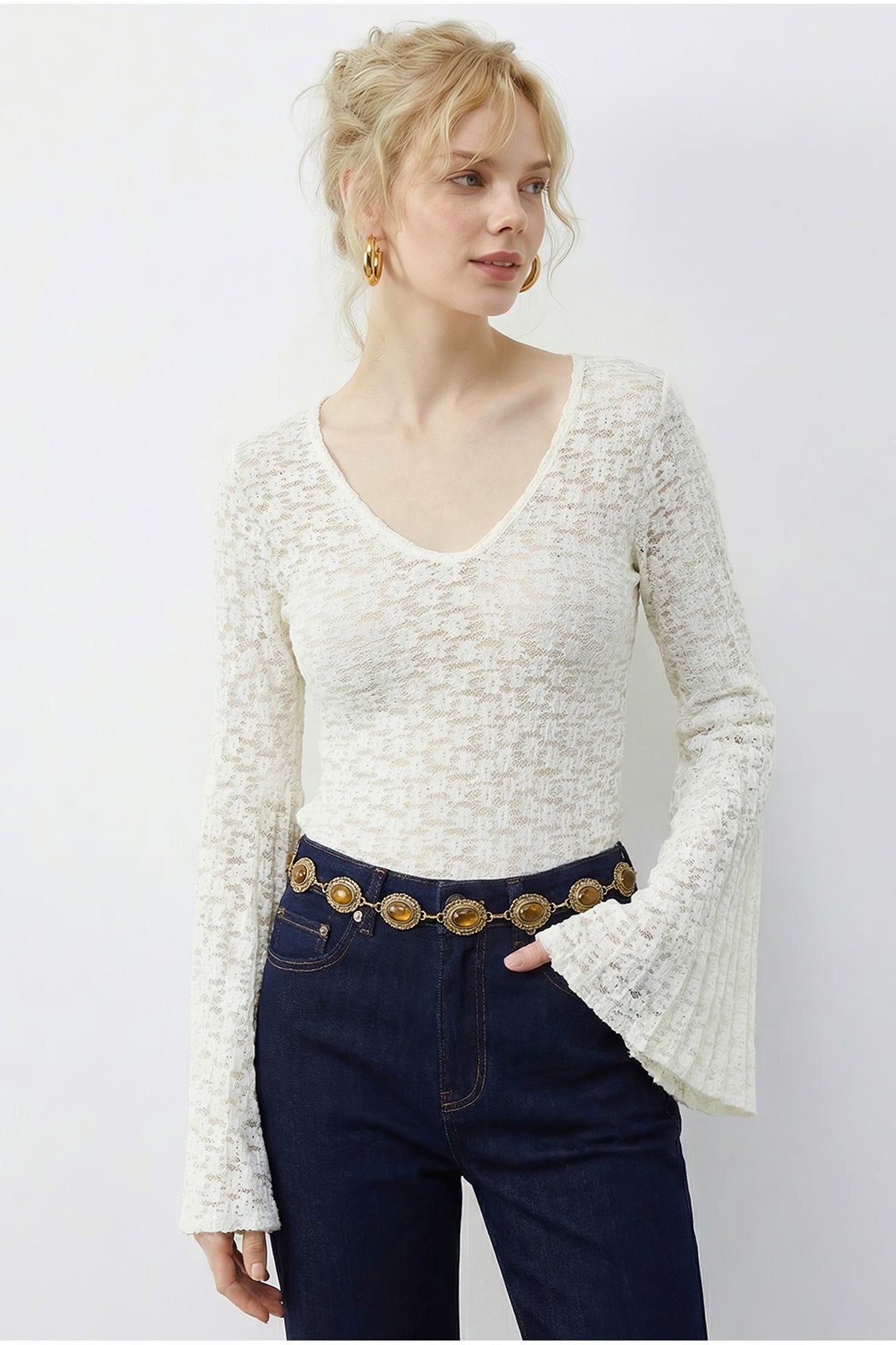 Women's V-Neck Pleat Detailed Spanish Sleeve Transparent Lace Blouse 1051 60283938