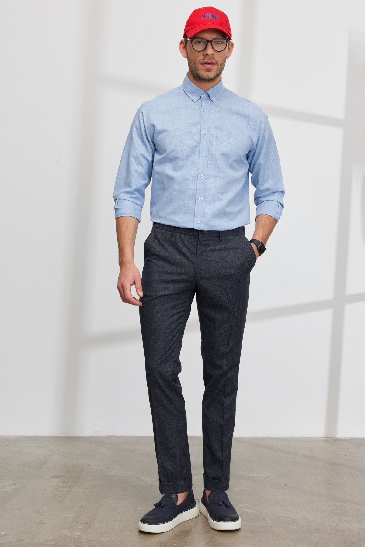 Men's navy blue slim fit narrow cutting side pocket waist waist rubber patterned pants