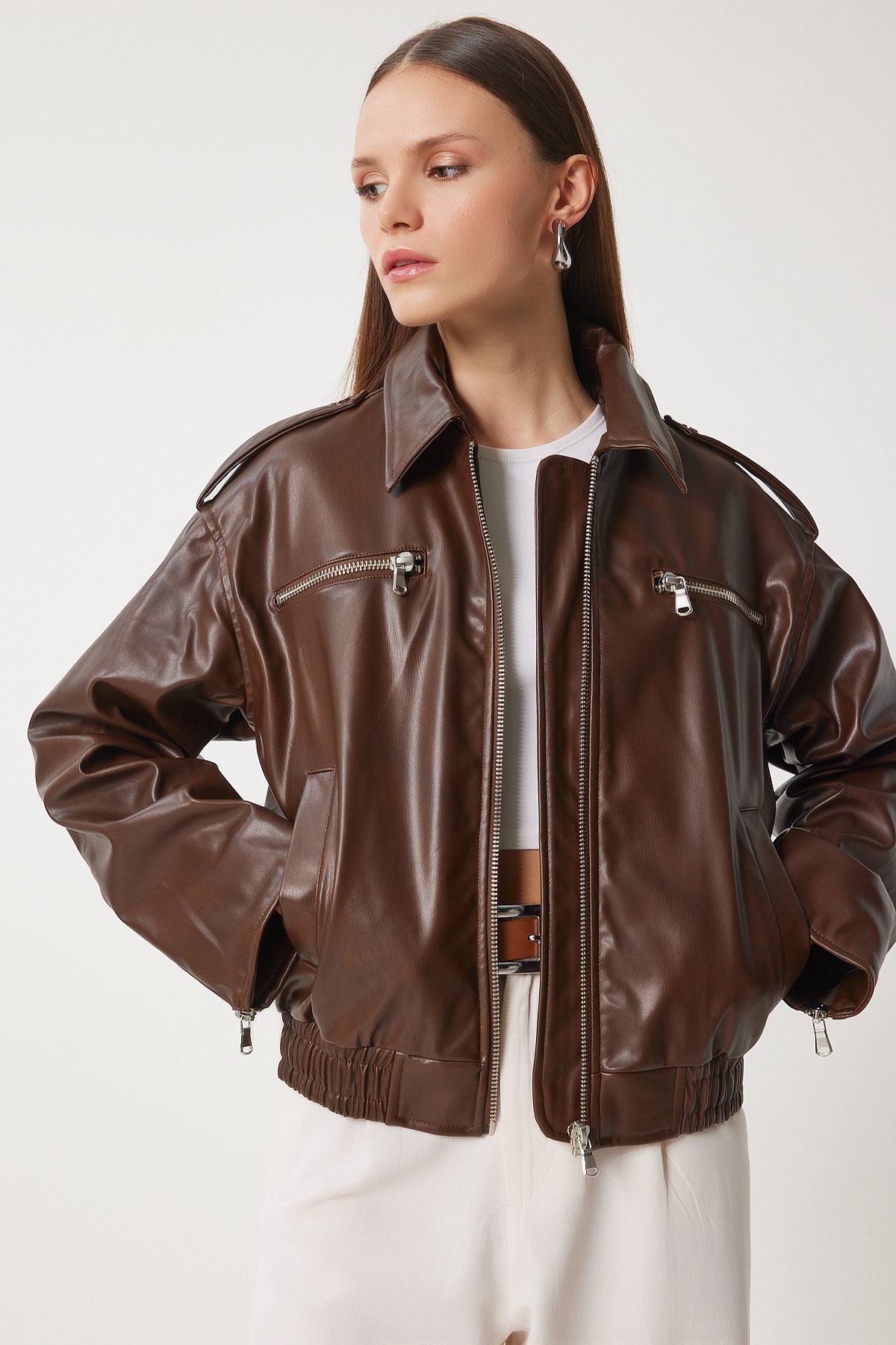 Female Brown Vintage Video Artificial Leather Biker Coat FN03382