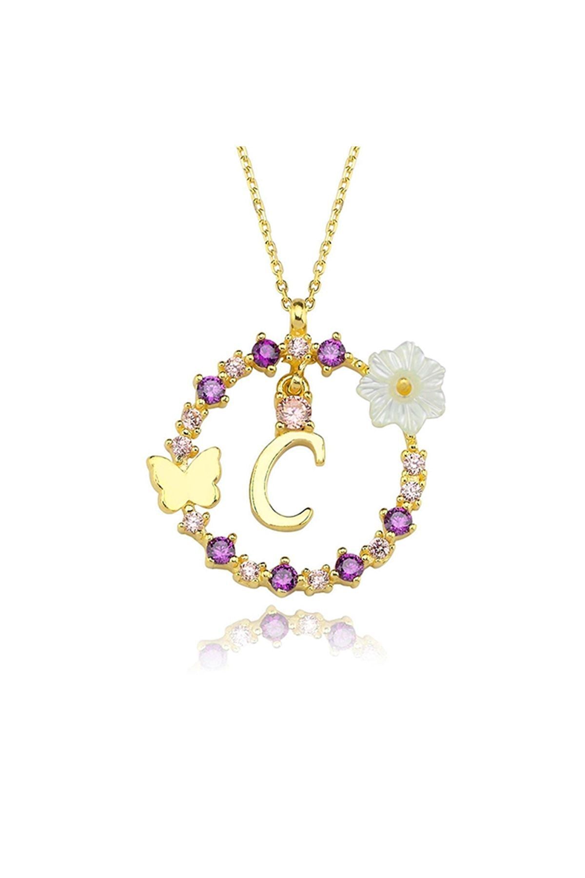 Magnolia Flower Dreams Glitter 14k Gold C Letter Women Necklace