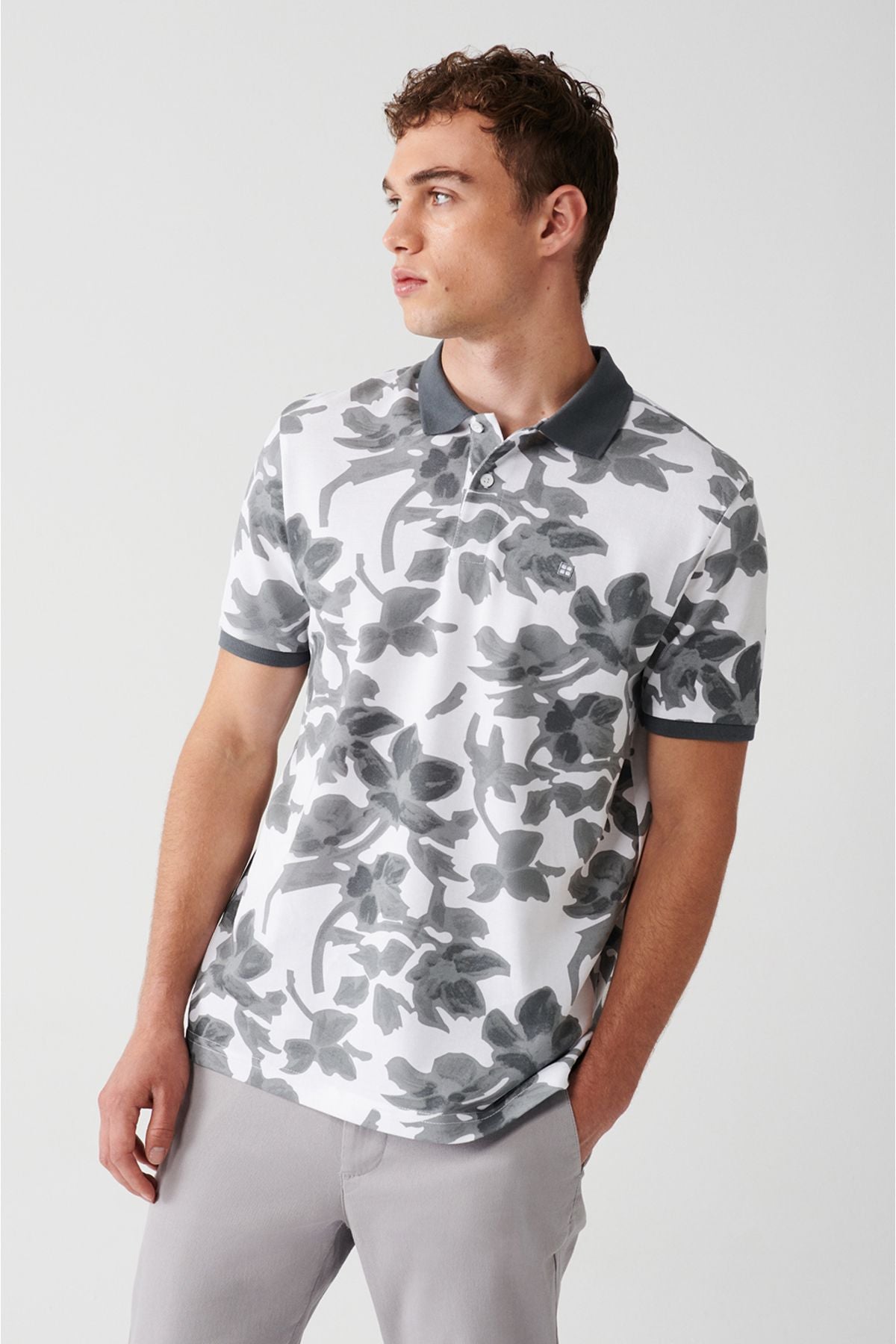 Male Antracite 100 %Cotton Printed 2 Button Polo Yaka T-shirt A31y1160