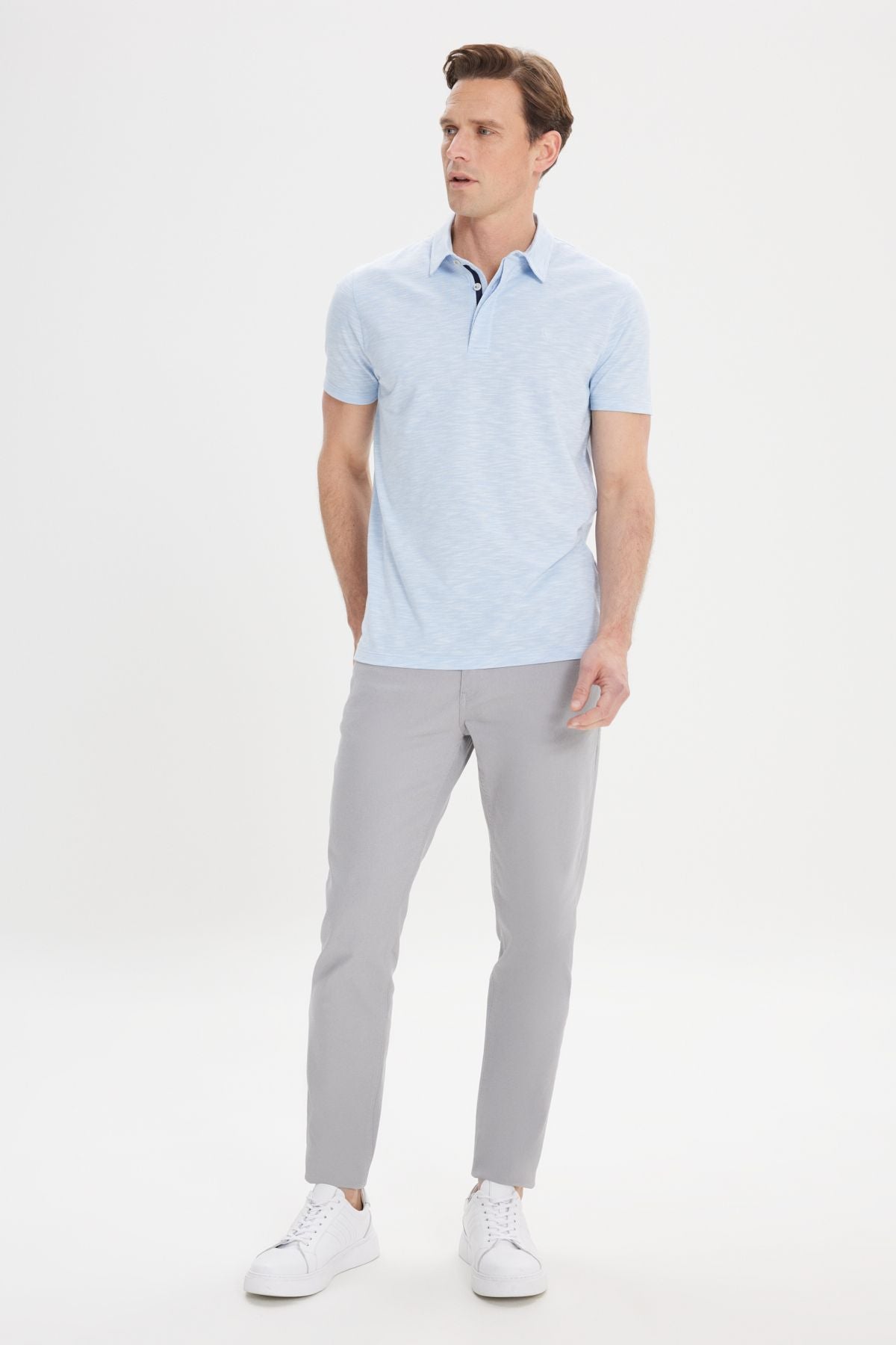 Men's light blue cotton jacquard slim fit narrow cut polo collar t -shirt