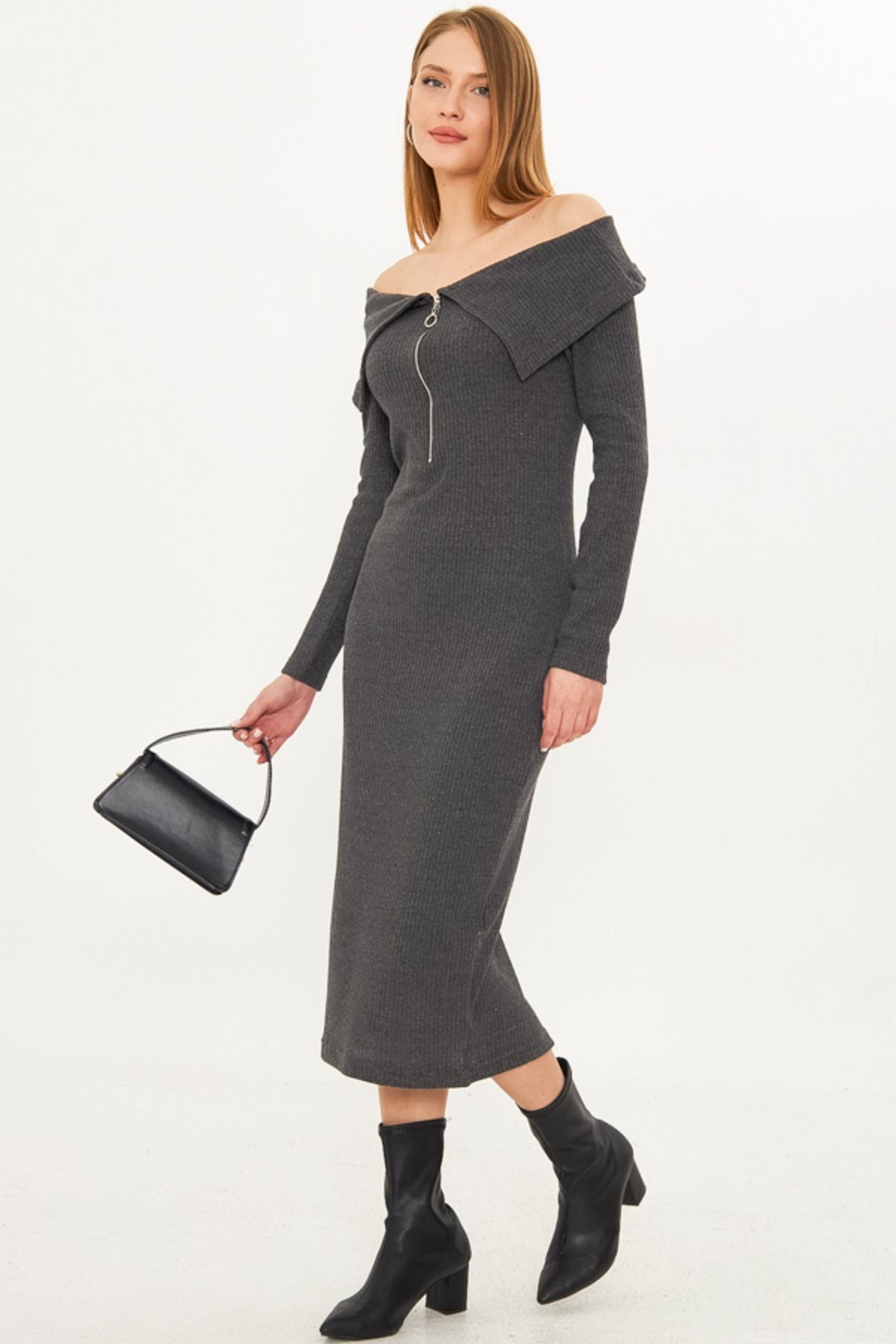 Female anthracite low shoulder front zipper slit midi height knitwear dress ARM-25K001089