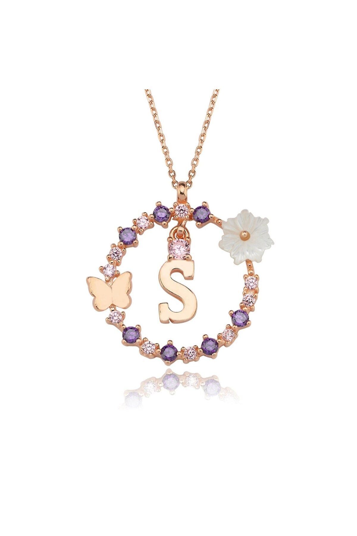 Magnolia Flower Dreams Glitter 14k Rose Gold S Letter Women Necklace