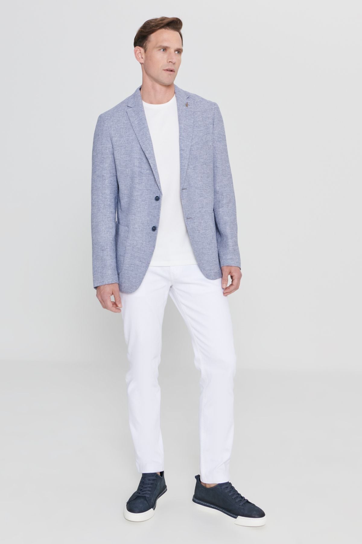 Men's navy blue slim fit narrow cutting linen patterned mono collar bag pocket blazer jacket