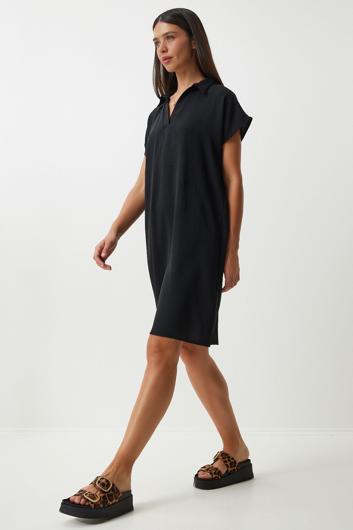 Woman Black Polo Yaka Summer Abundant Linen Ayrrin Dress to00138