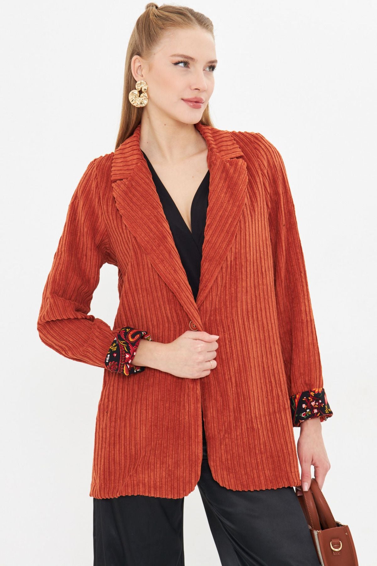 Female Tile In-Sleeve Patterned Single button Velvet Jacket ARM-24K001056
