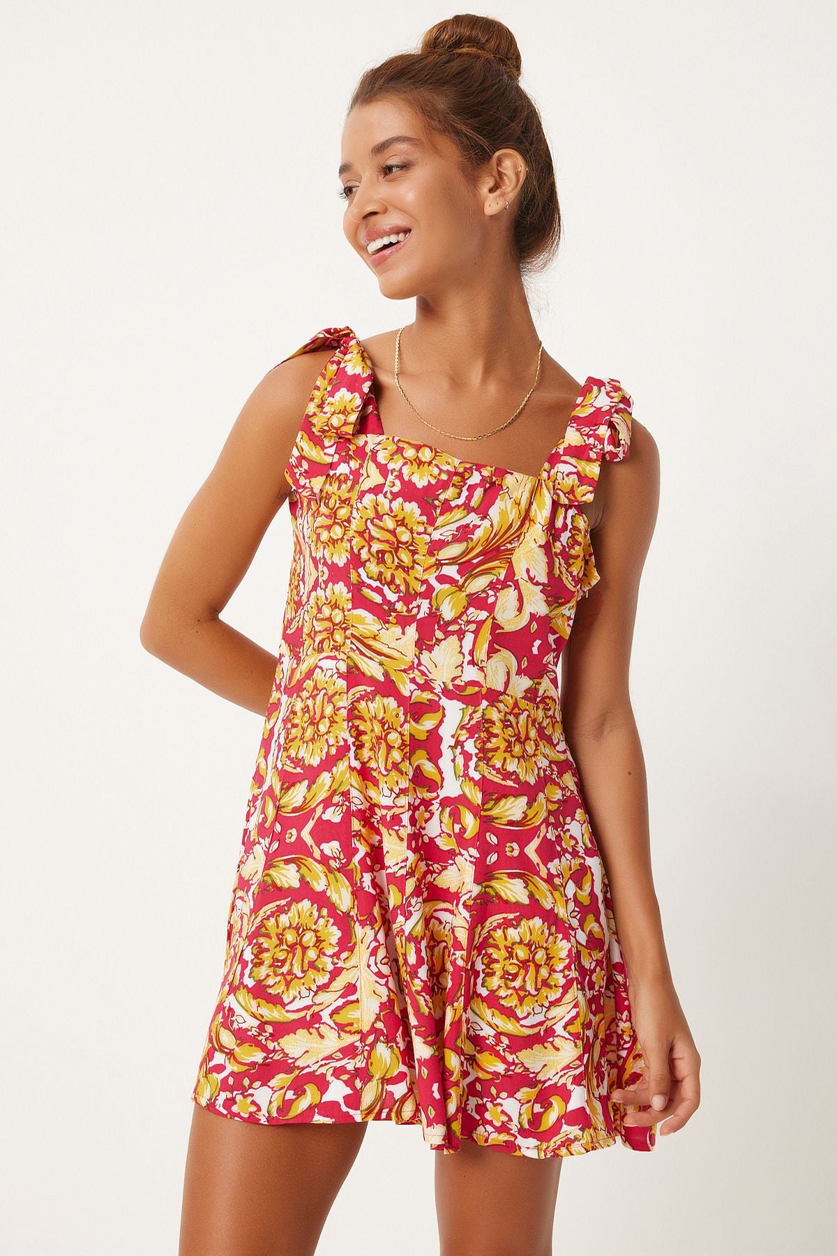 Woman Dark Pink Yellow Yellow Thick Hanger Patterned Summer Mini Viscose Dress FN03238