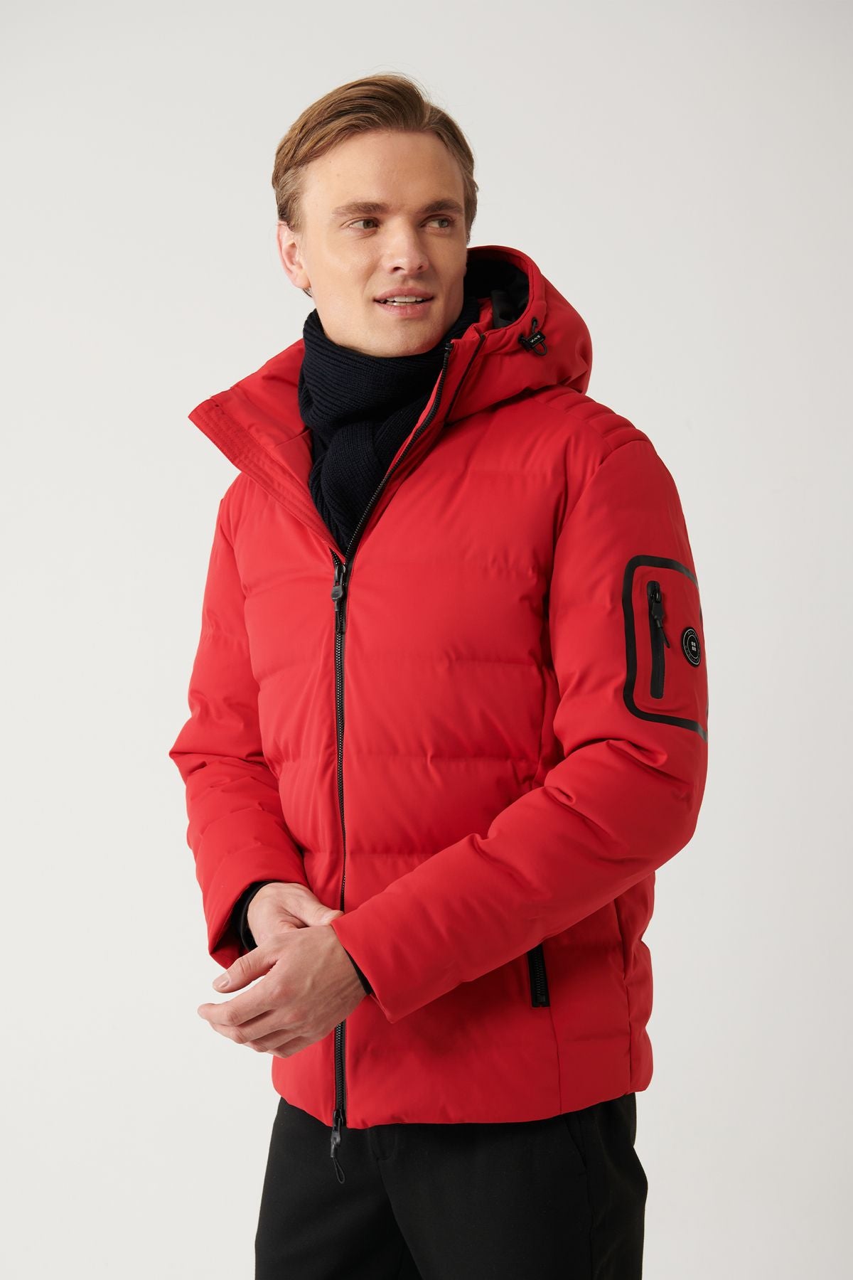 Men's Red Goose Feather Water Driving Windproof Thermometer Removable Hooded Hooded Inflatable Mont A32Y