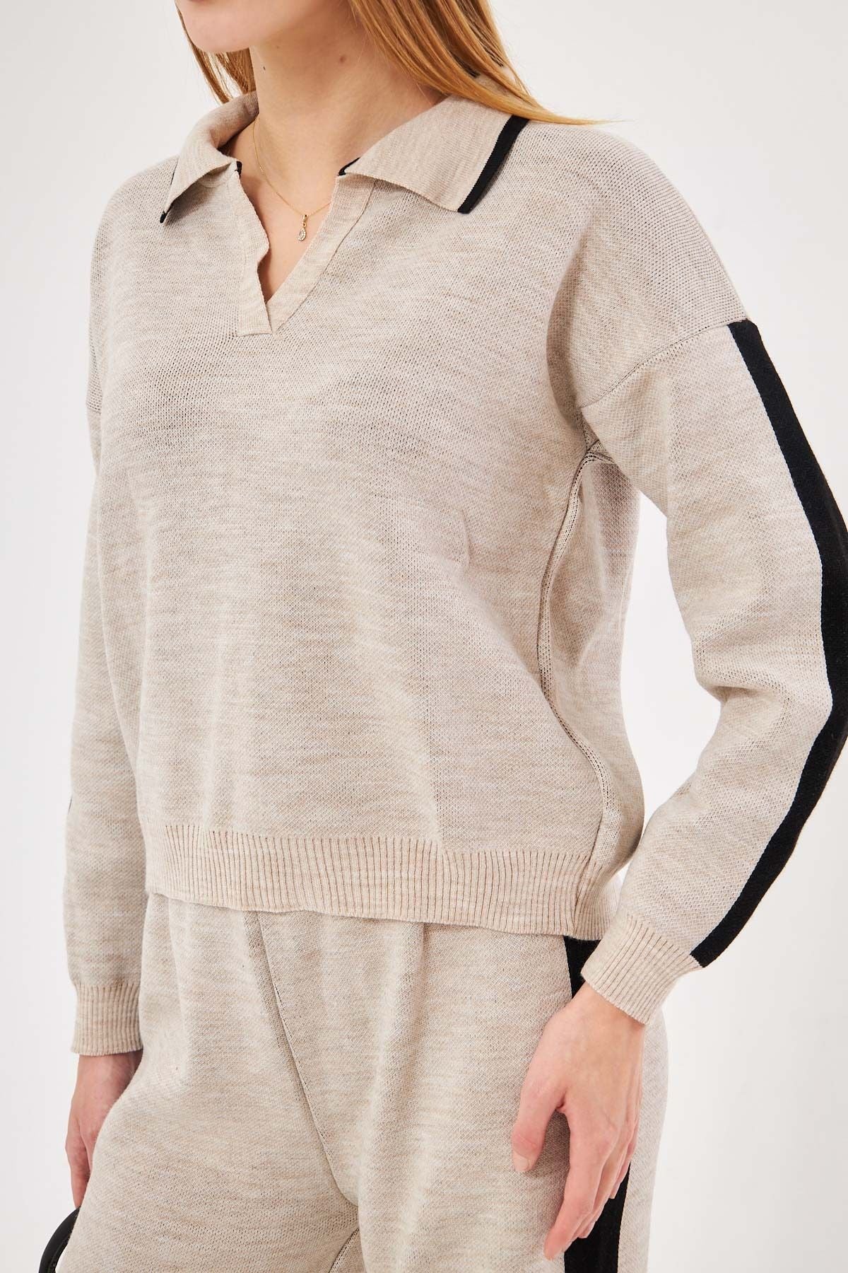 Female Beige Polo Yaka striped knitted knitted dual team ARM-25K012001