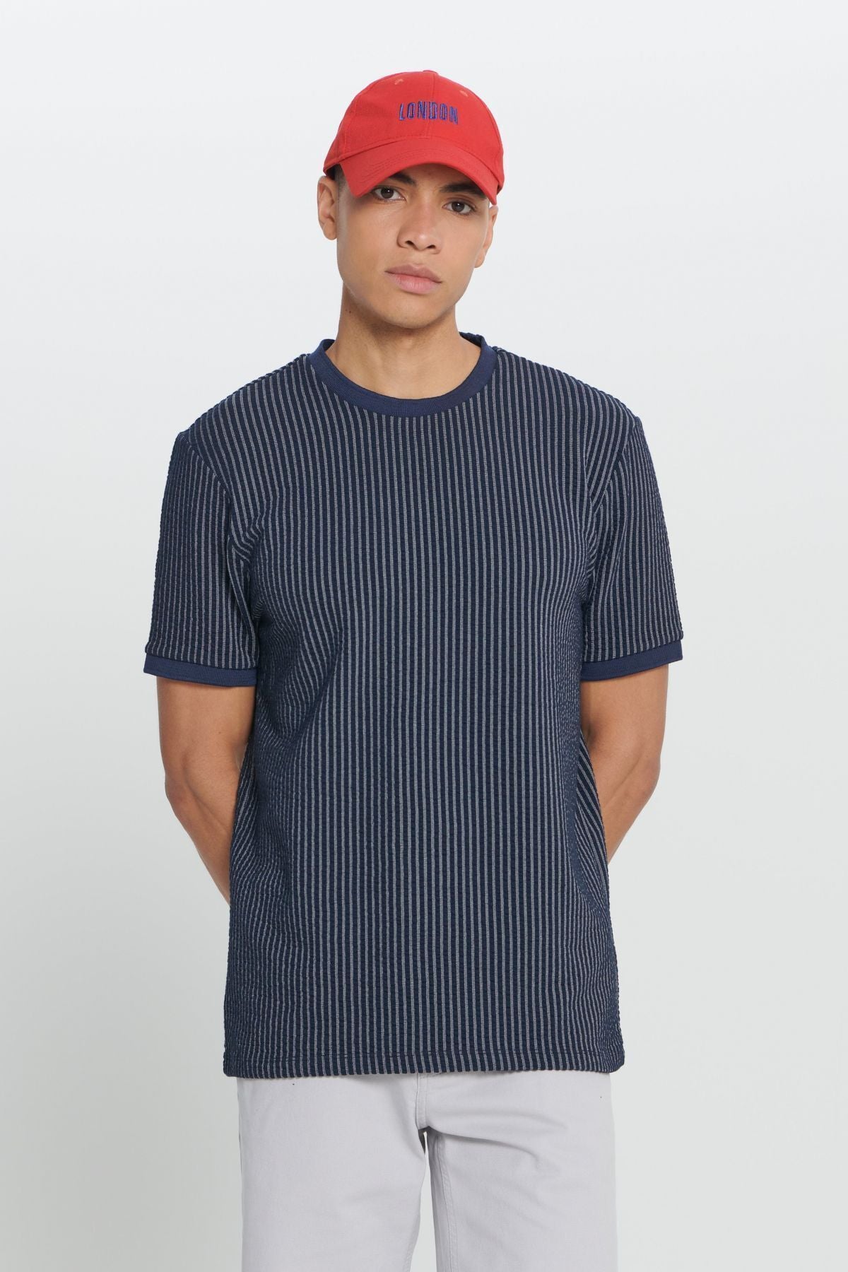 Men's navy blue comfort fit comfortable cut cotton striped bike collar t -shirt