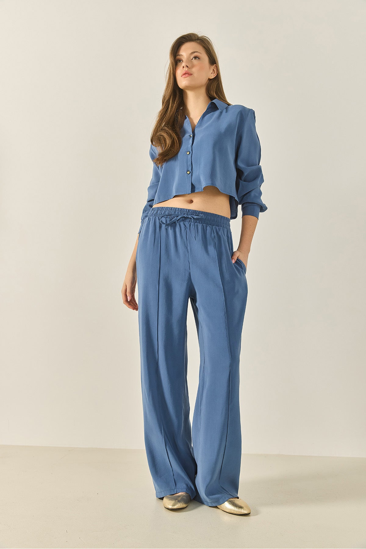 Women's V-Neck Shirt with Loose Trousers Casual Modal Bottom-Top Set 60409 60283255