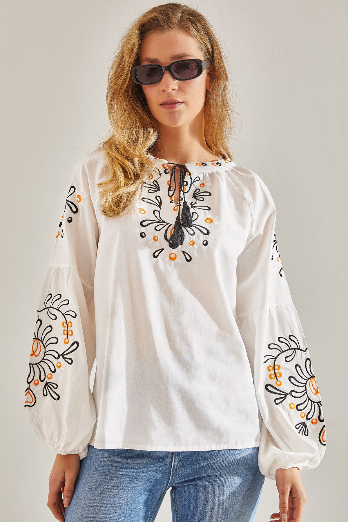 Modest Women's Embroidered Collar Tied Linen Blouse 60181044