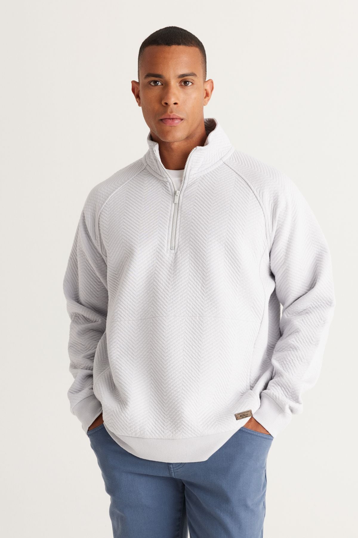 Men's light gray loose fit upright bato collar polar polar 3 IP patterned sweatshirt