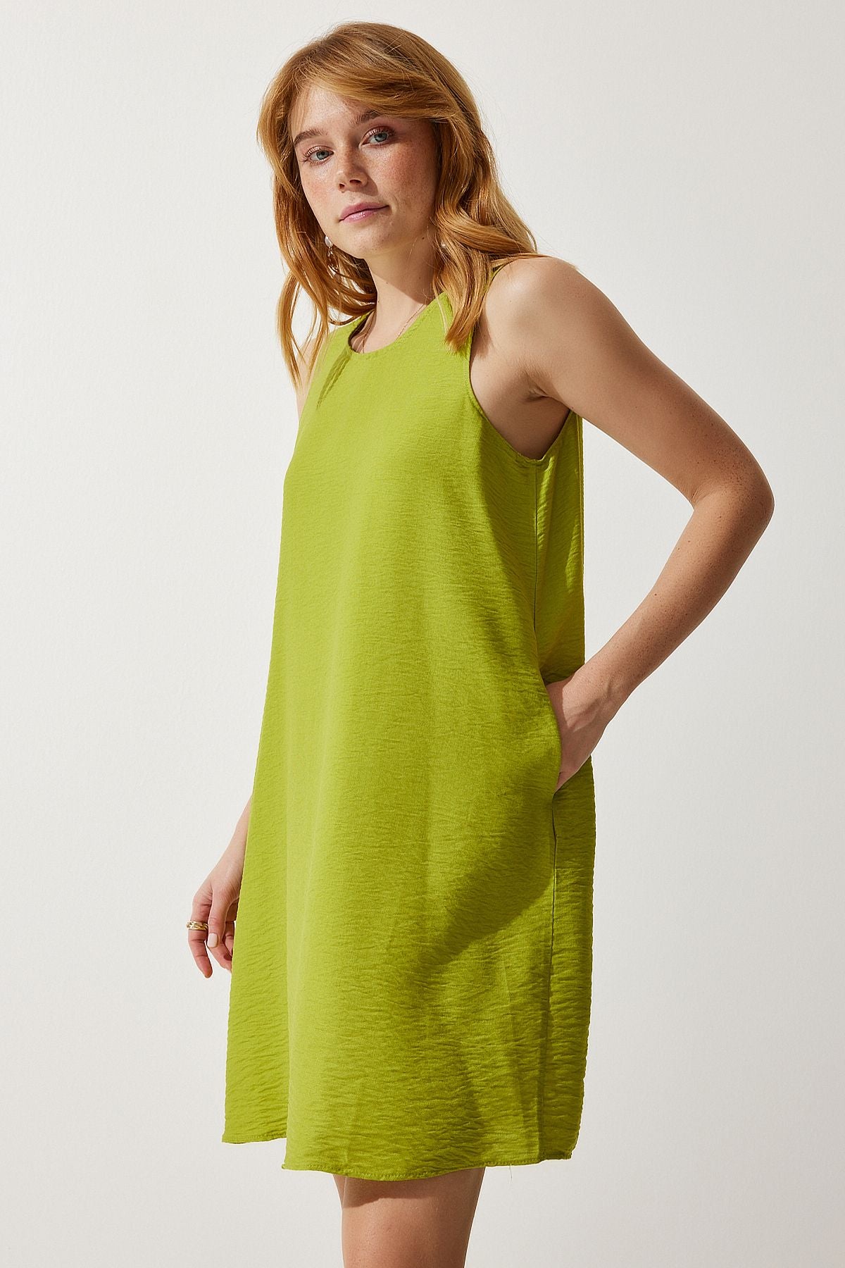 Female peanut green sleeveless linen viscose bell dress jh00005