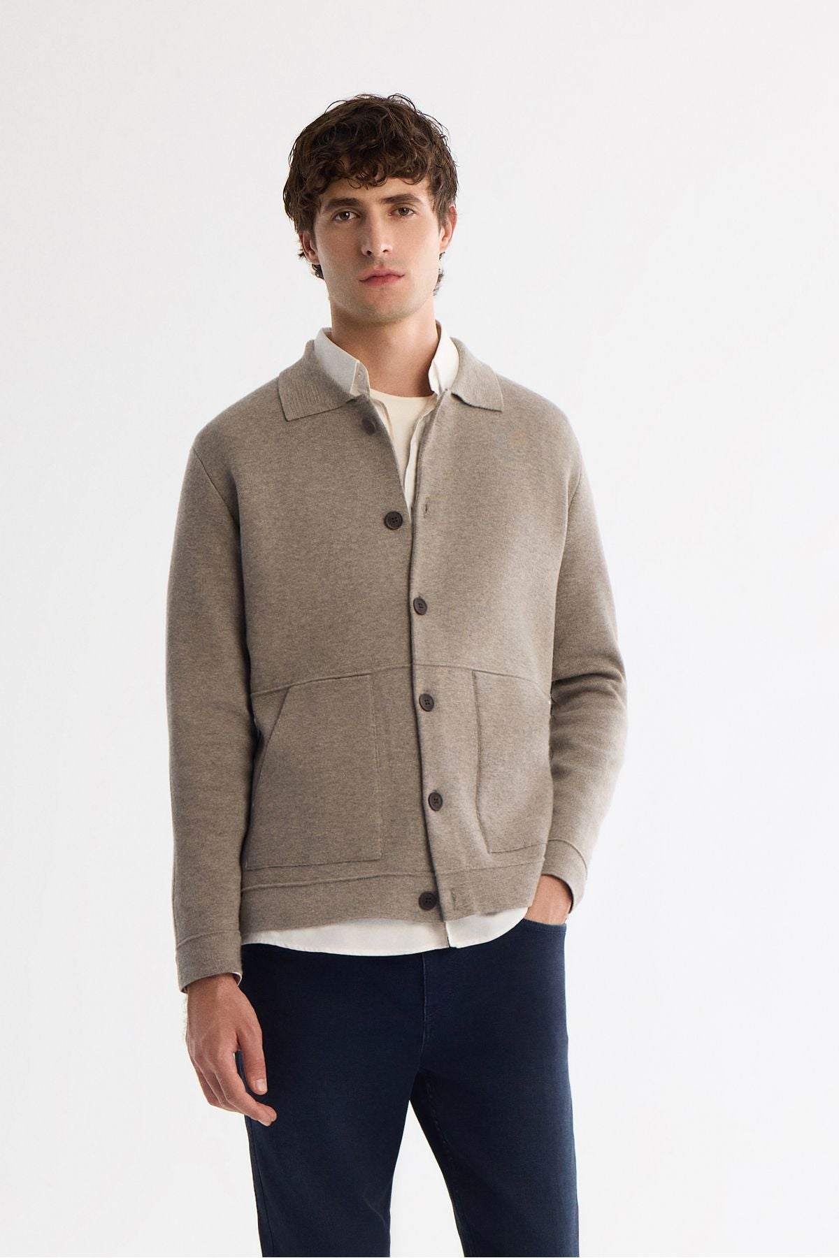 Men's mink polo collar woolen kangaroo pocket knitwear cardigan A42y5141