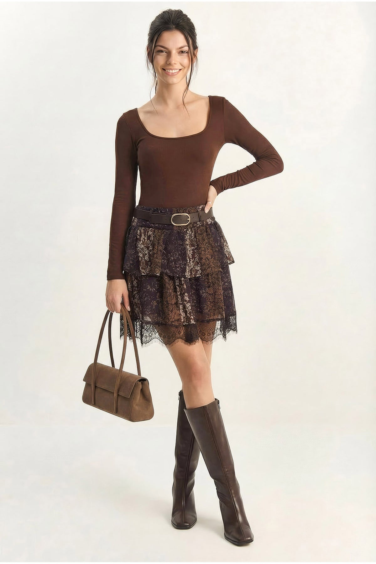 Women's Belted Lined Lace Detailed Mini Skirt 4172 60283981