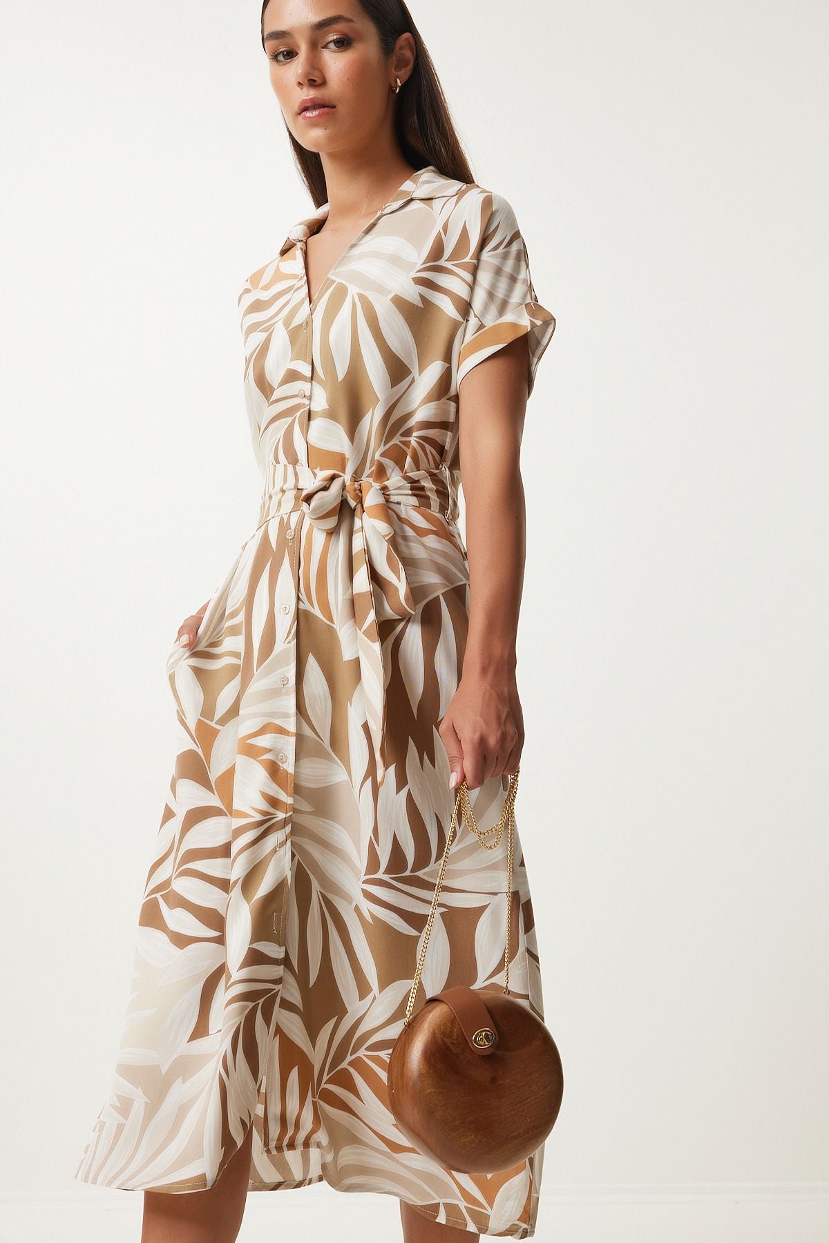 Female Biscuit Cream Patterned Born Viscose Shirt Dress DD01331