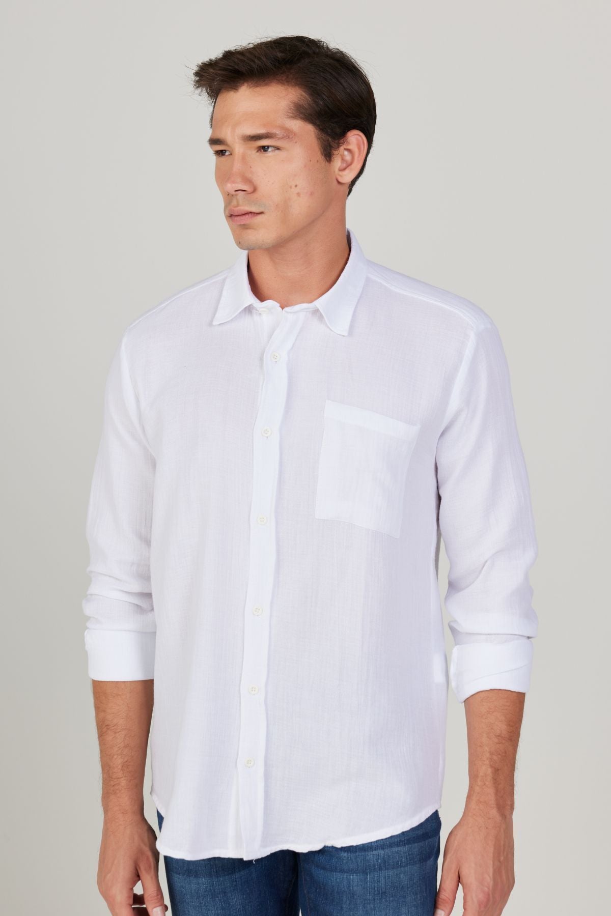 Men's White Comfort Fit Wide Classic Collar 100 %Cotton Muslin Shirt