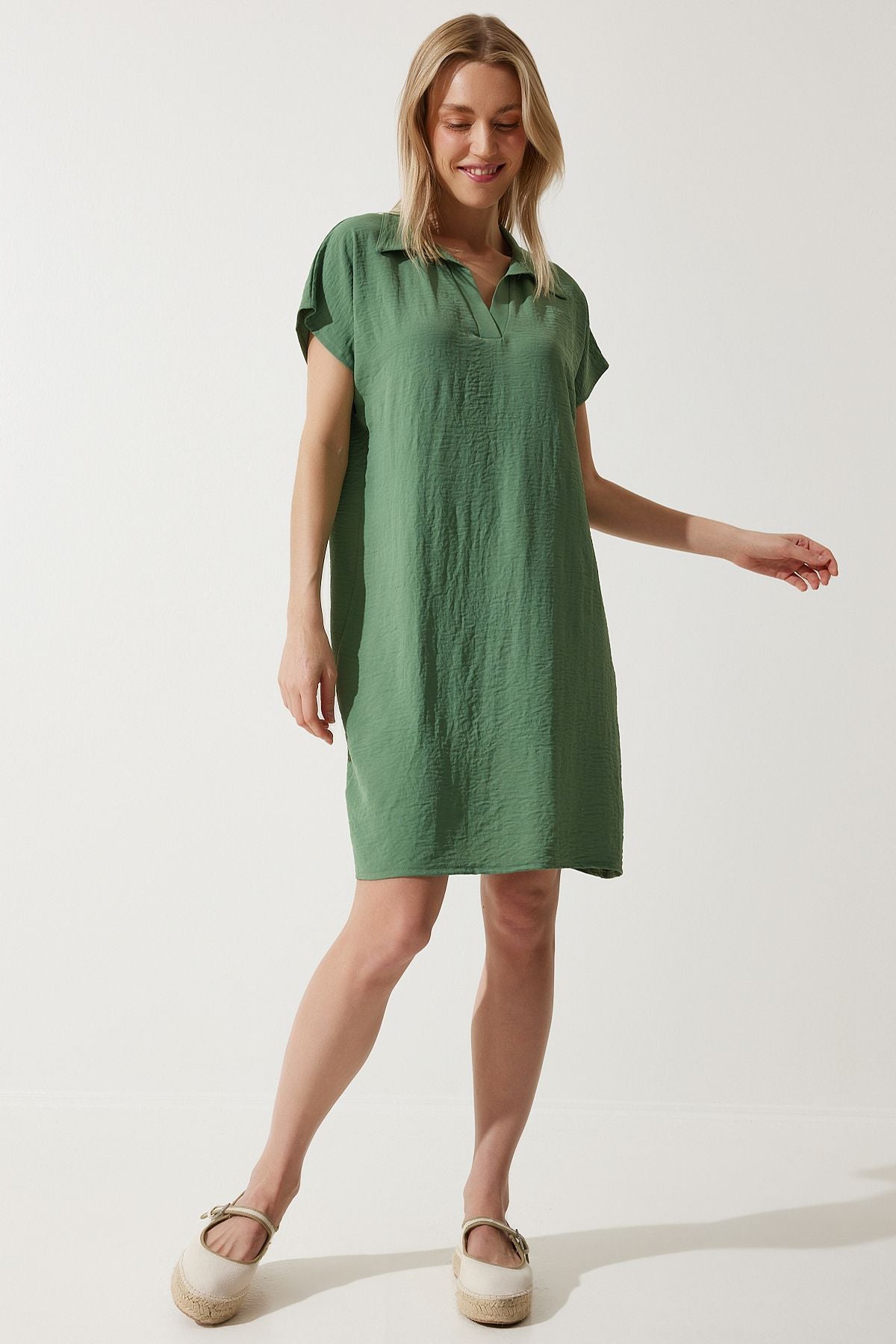 Women Cagla Green Polo Yaka Summer Plenty of Linen Ayrrin Dress to00138