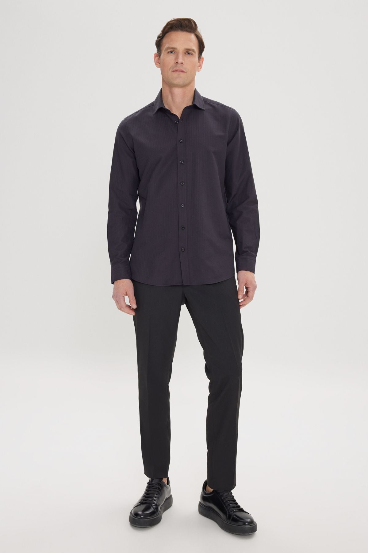 Men's black slim fit narrow cut buttoned collar linen looking 100 %cotton pennant shirt