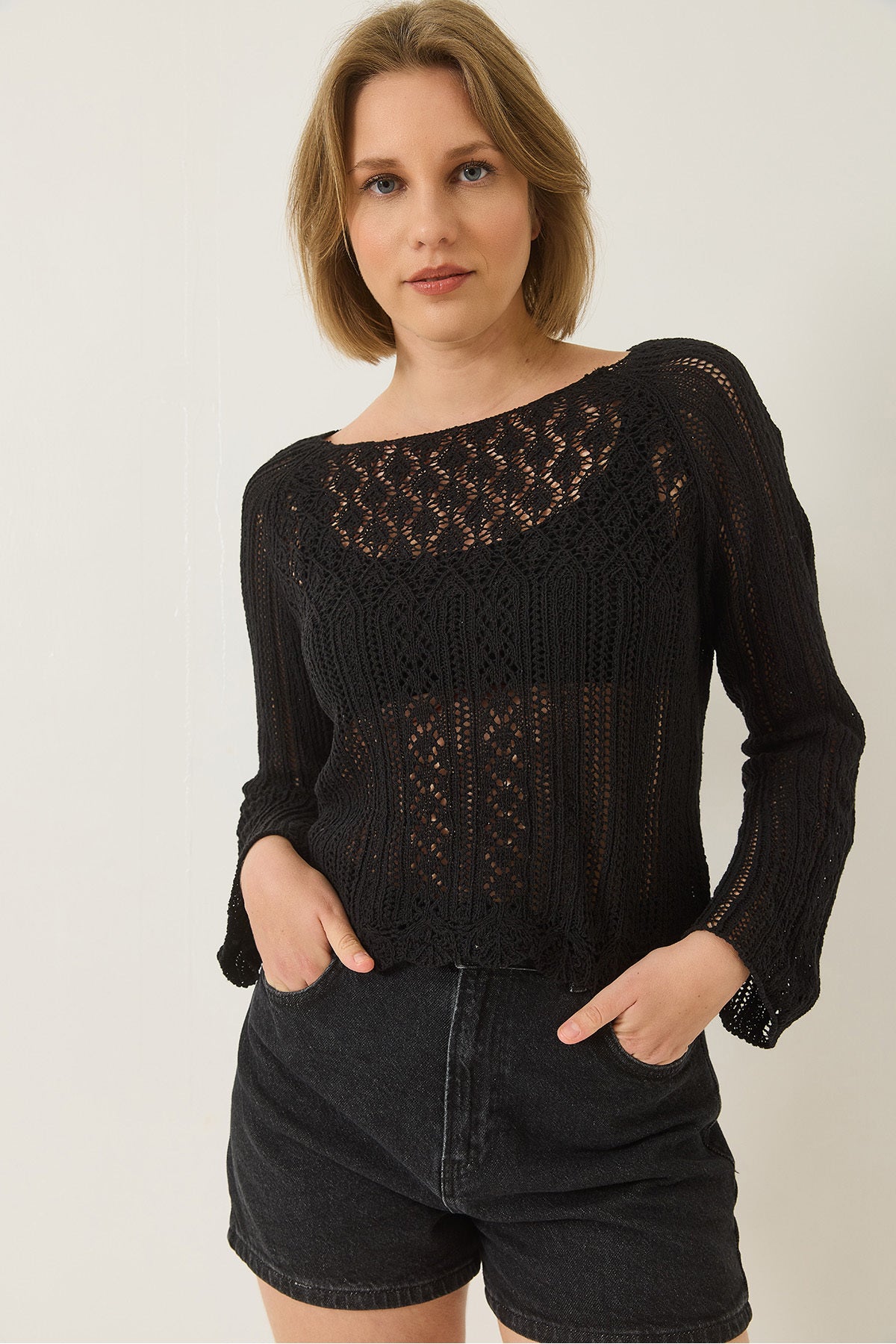 Women's Boat Neck Openwork Knitted Knitwear Blouse 60261567