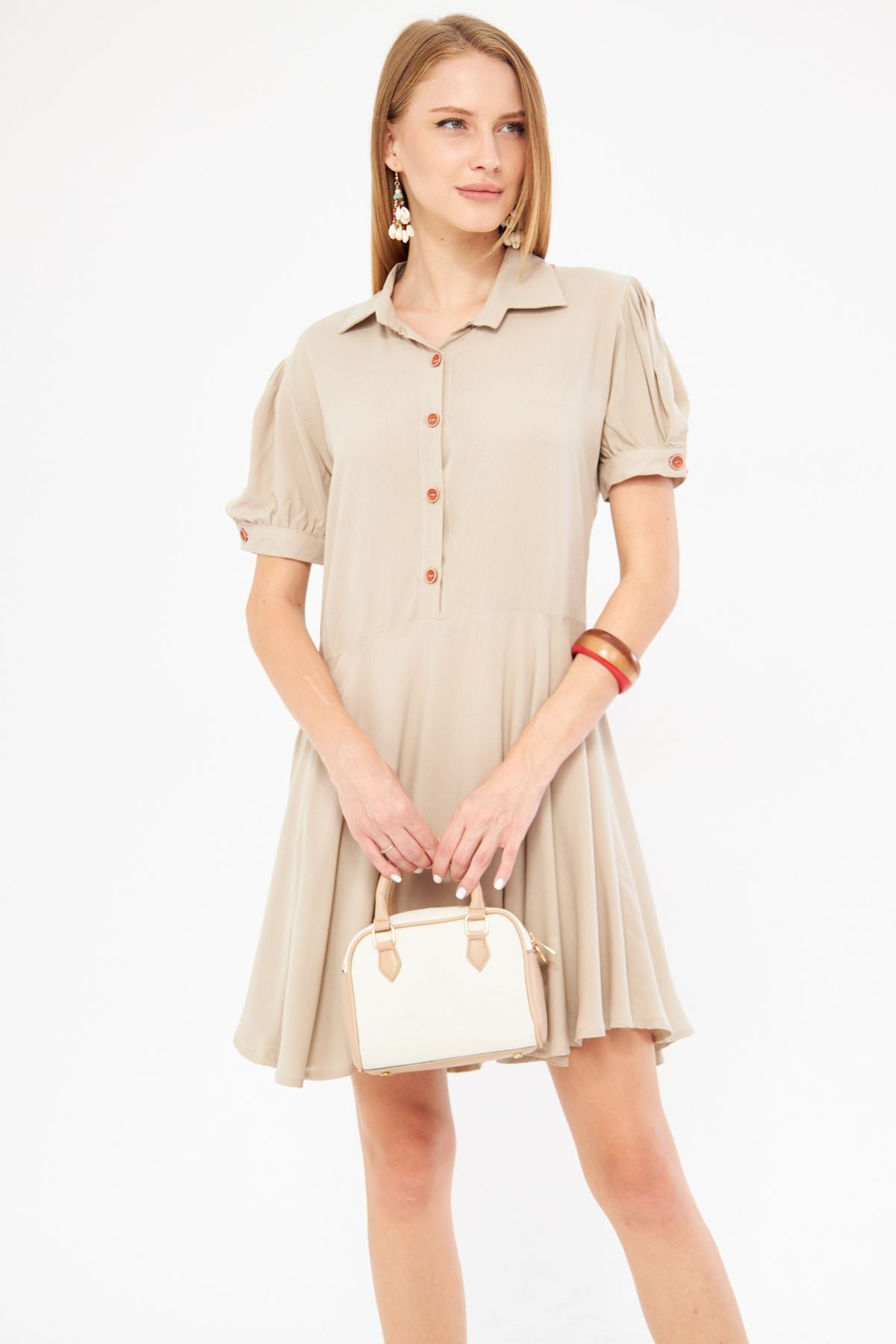 Female beige shirt collar handle slits detailed closh watermelon sleeve dress ARM-24Y001083