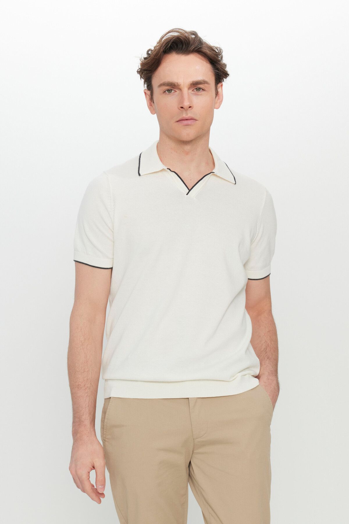 Men's Ecru 100 %Cotton Standard Fit Normal Cut Polico Triko T -shirt