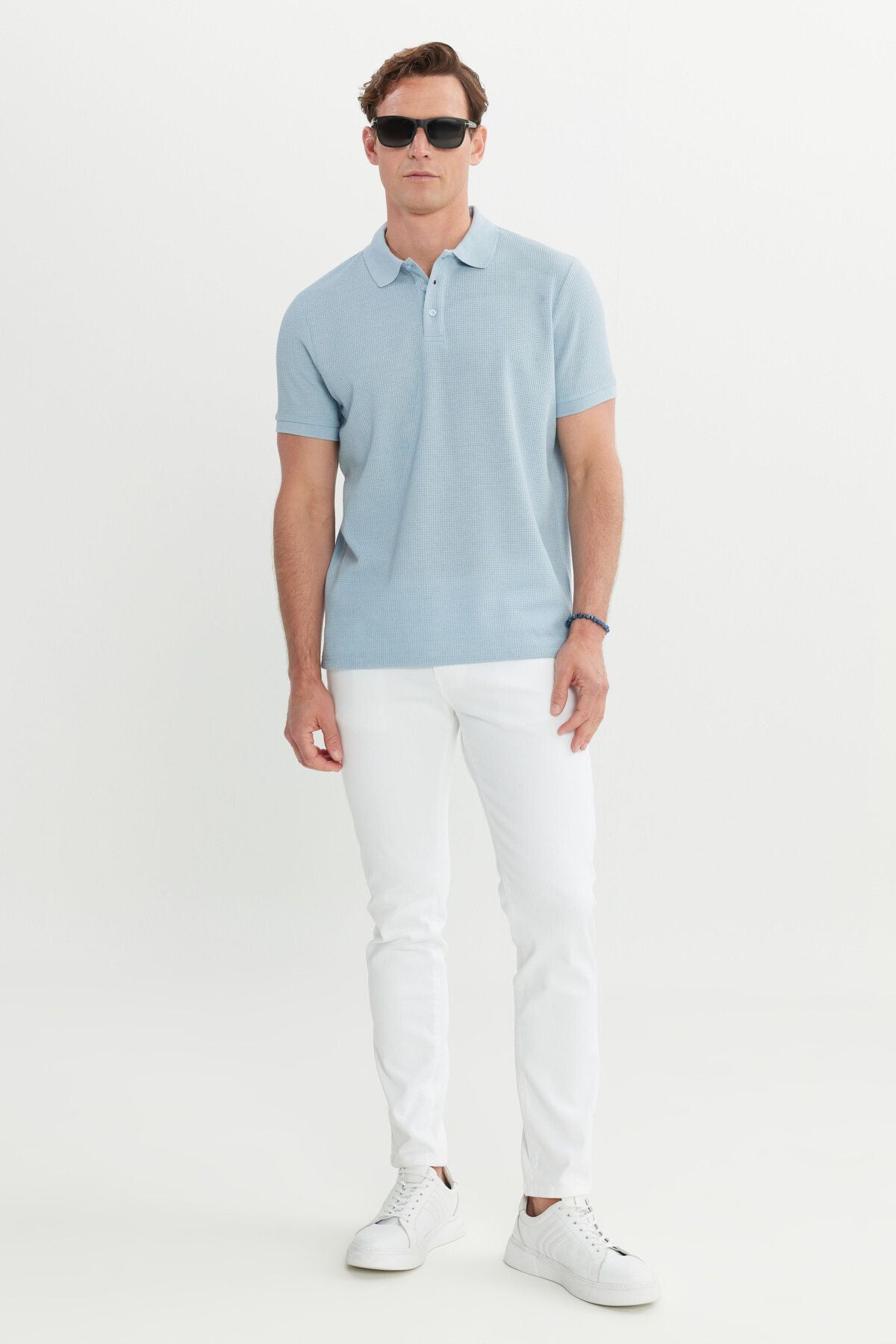 Men's Light Blue Cotton Standard Fit Normal Cut Patterned Polo Yaka T -shirt