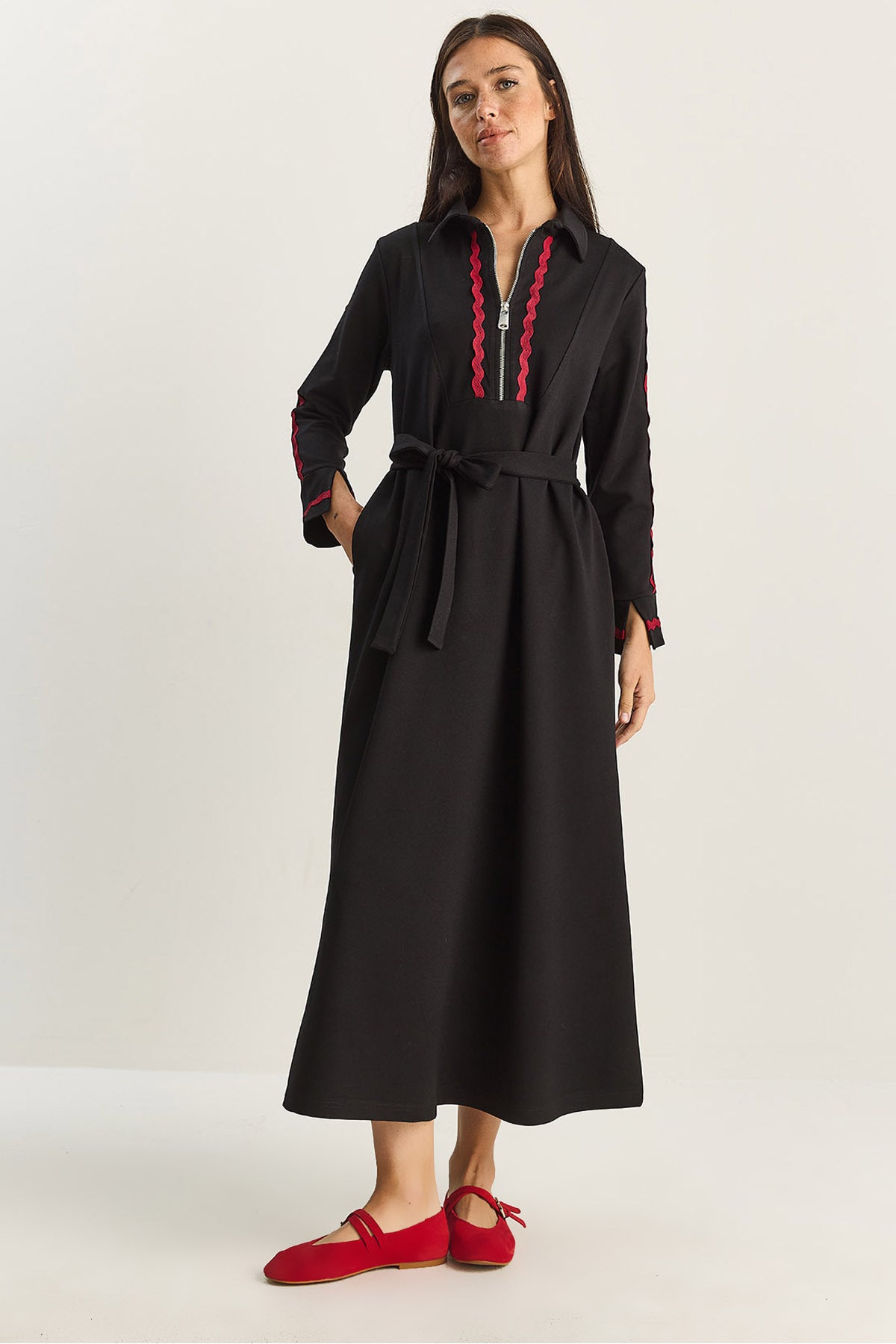 Women's Zippered Collar, Flowy, Mobile Belt Long Dress 8593 60283630