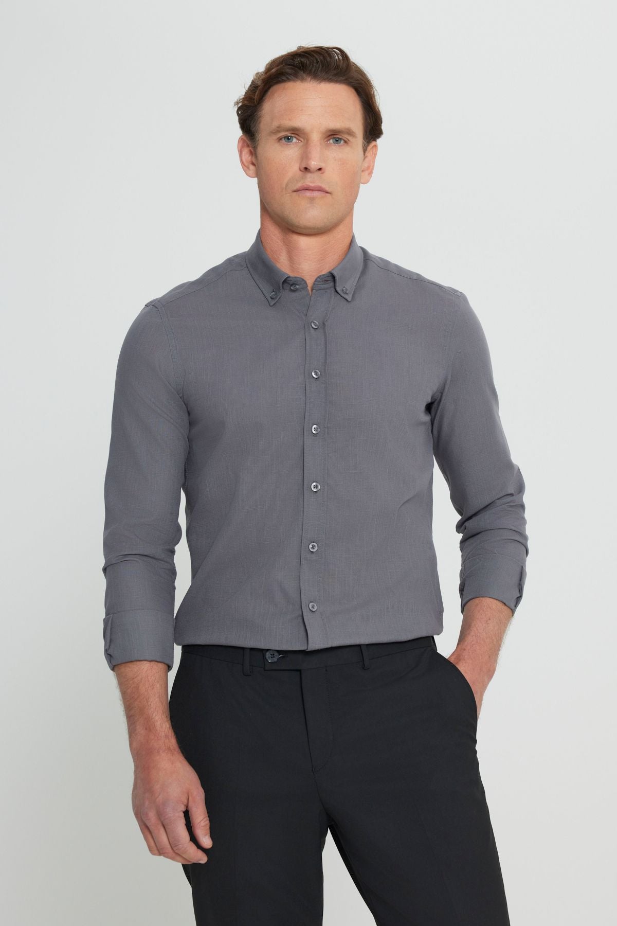 Men's anthracite 100 %cotton breathing fabric pennant oxford slim fit button collar shirt