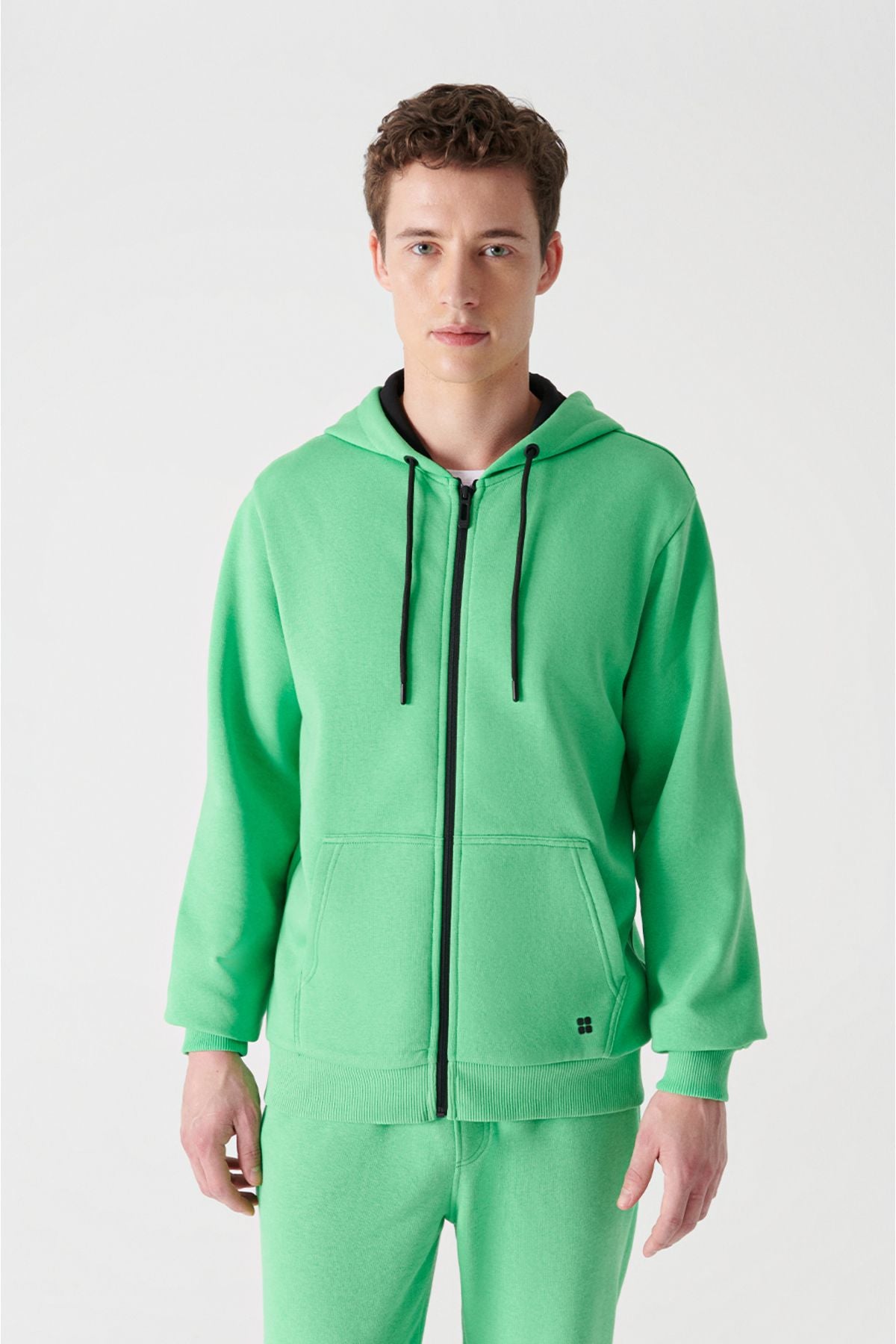 Erkek Neon Yeşil Kapüşonlu 3 Iplik Şardonlu Fermuarlı Sweatshirt E001019
