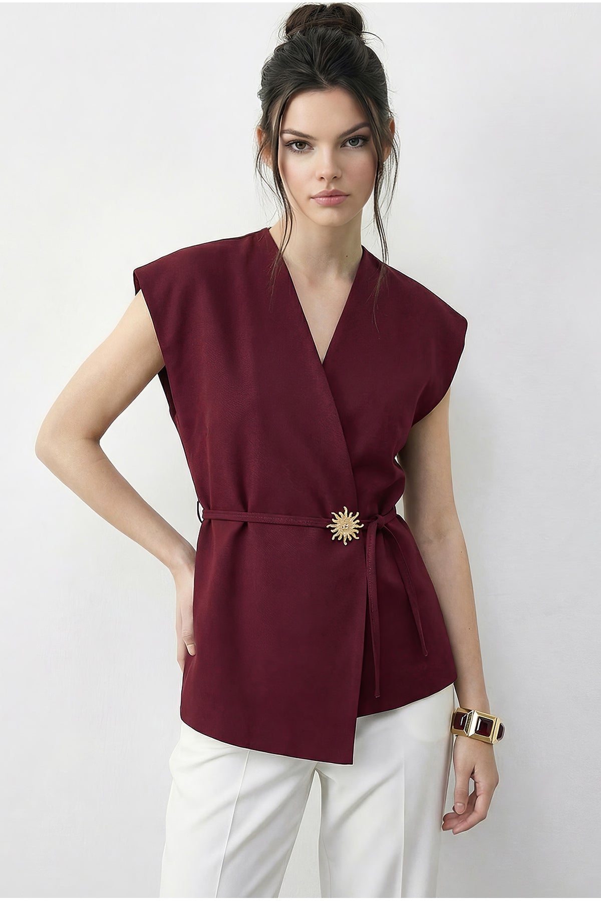 Women's Stylish Buttoned Belted Woven Vest 11145 60283987