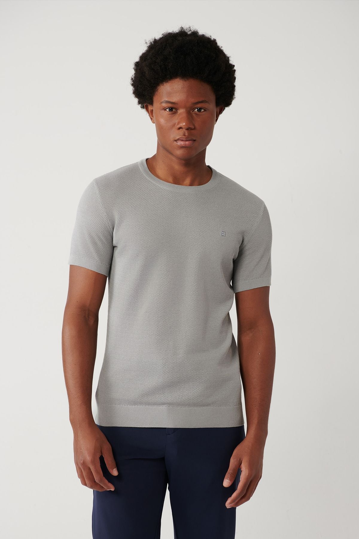 Men's Gray Modal Bicycle Collar texture Ribanian knitwear T-shirt B005010
