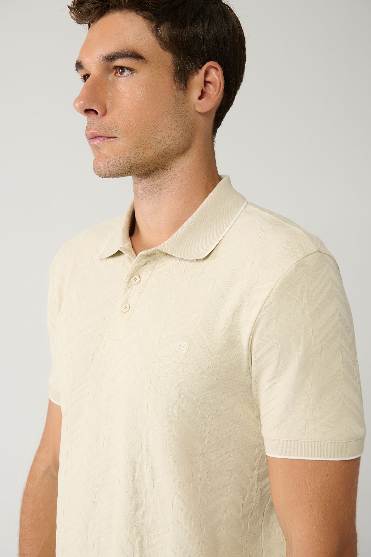 Men's Beige 100 %Cotton 3 Buttoned Jacquard Polo Yaka T-Shirt A41y1147
