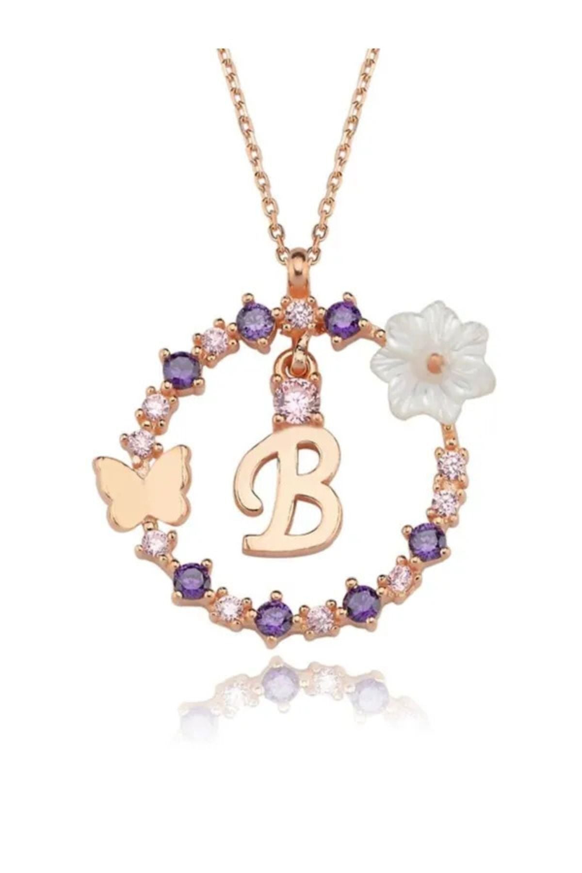 Magnolia Flower Dreams Glitter 14k Rose Gold B Letter Women Necklace