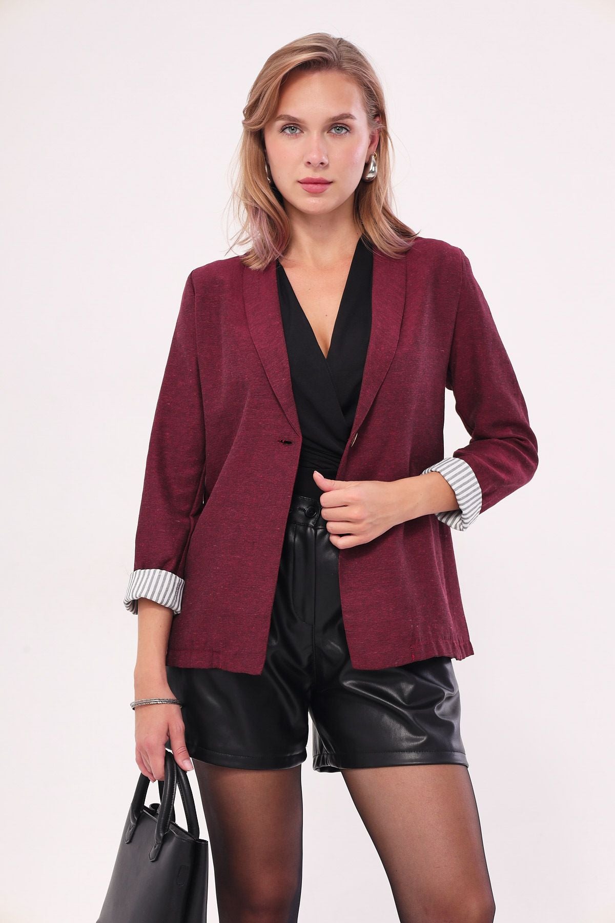 Female Bordeaux Sleeve Striped Single button Jacket ARM-22K001122
