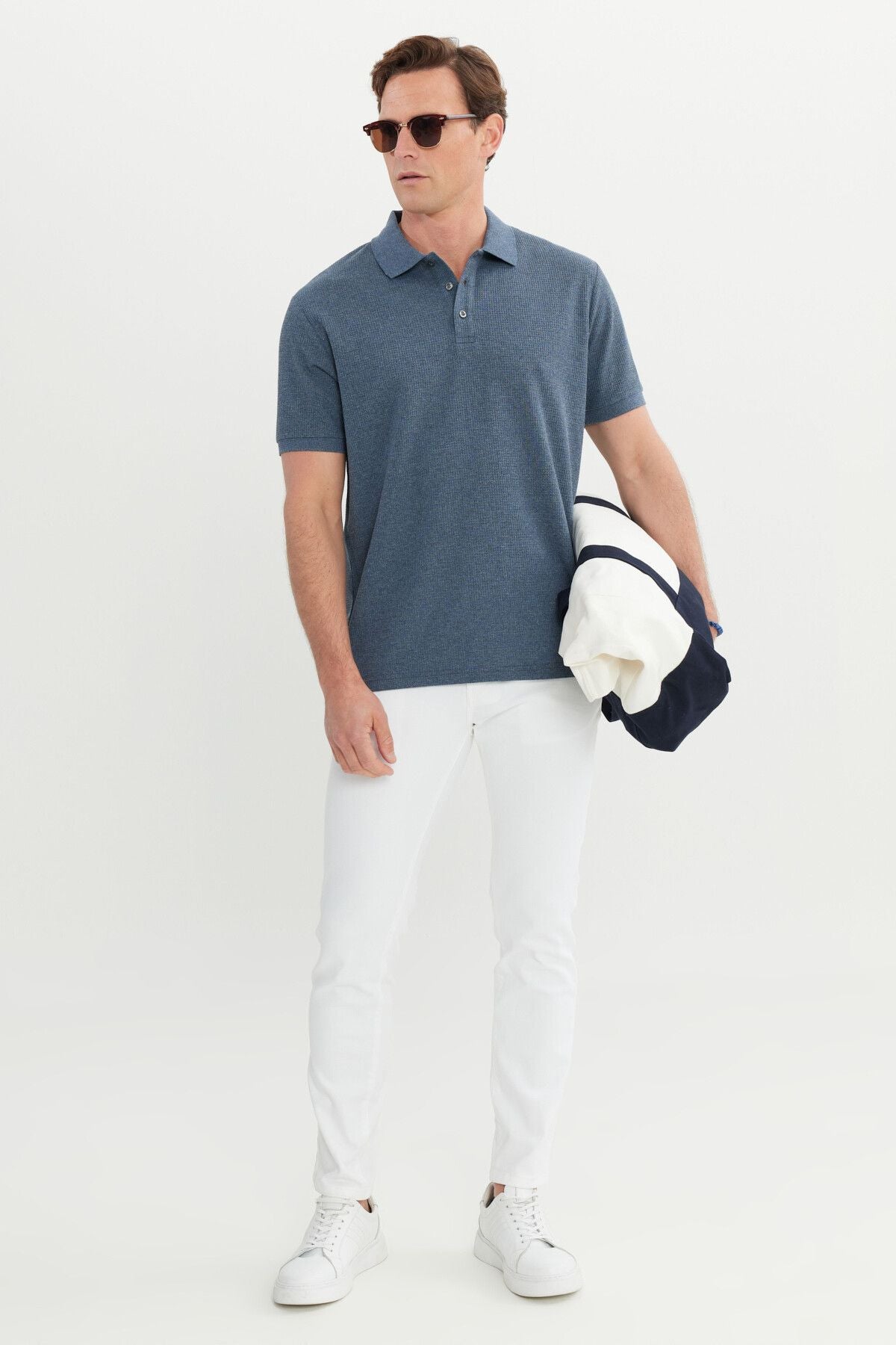 Men's Indigo Cotton Standard Fit Normal Cut Patterned Polo Yaka T -shirt