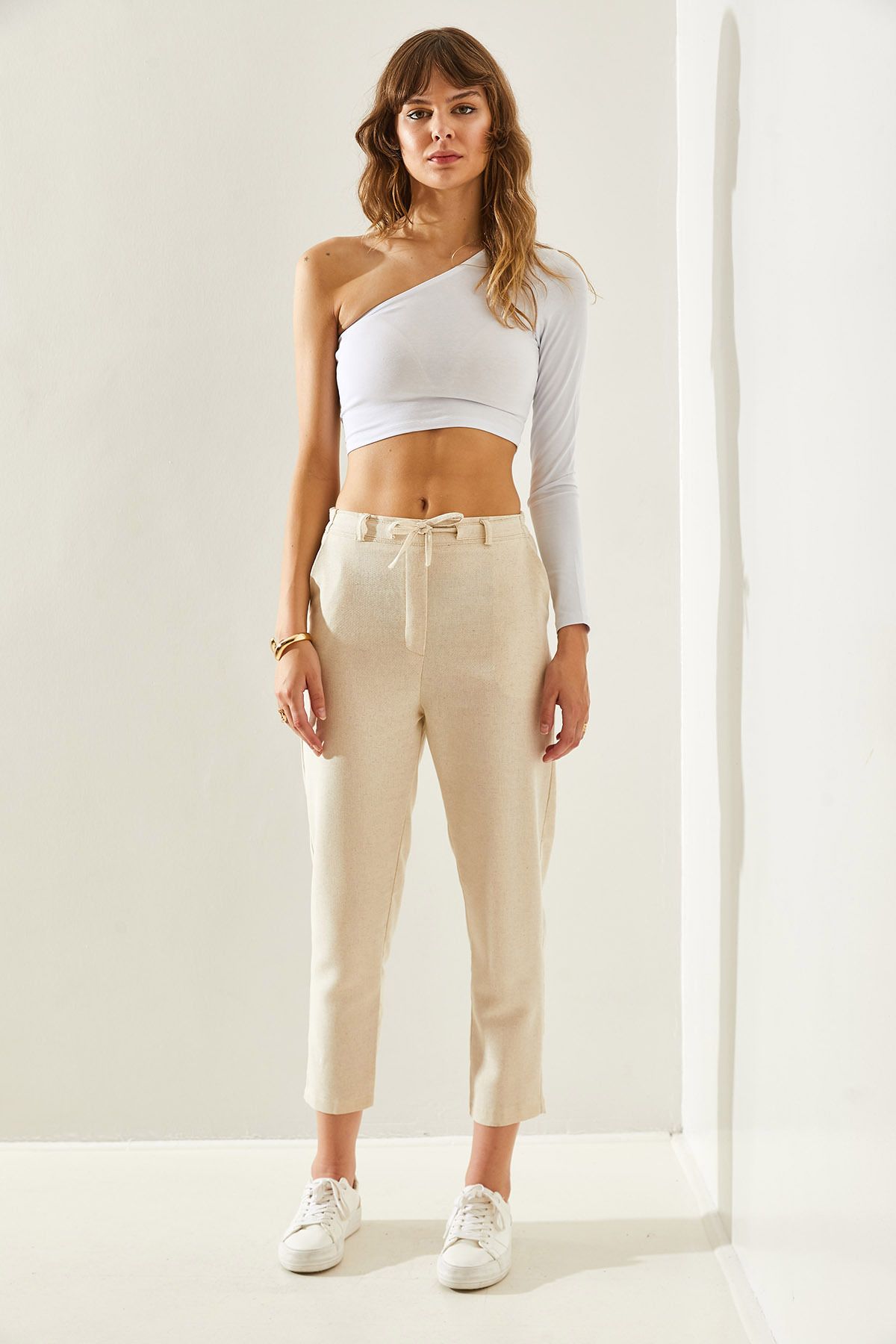 Women's waist tire -tied carrot cutting linen pants 60251267