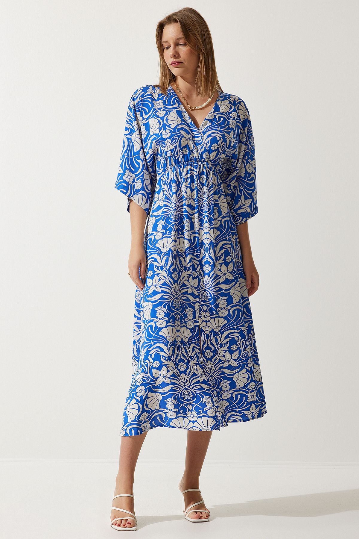 Woman Blue White Anvelop Yaka Patterned Summer Viscose Dress DK00166