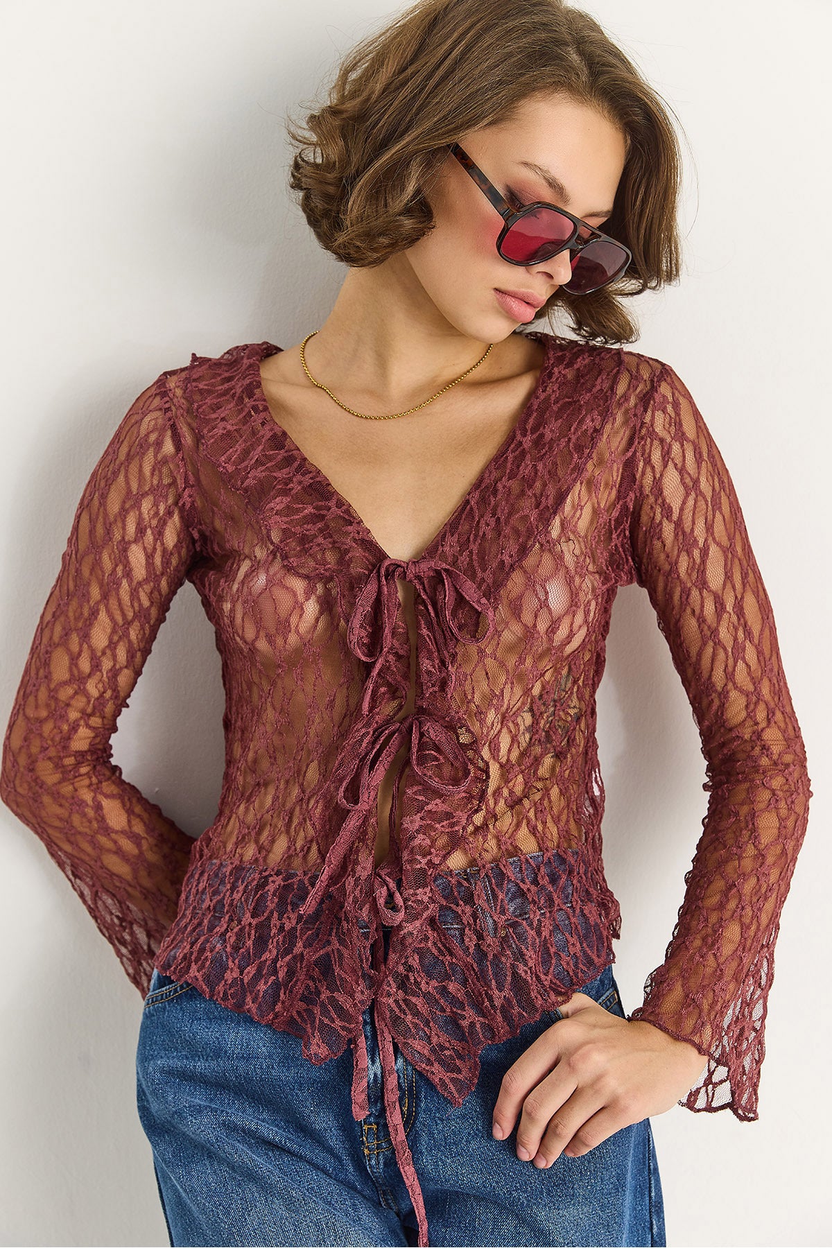 Women's V-Neck Front Tie Ruffle Detailed Lace Blouse DE251012 60283573