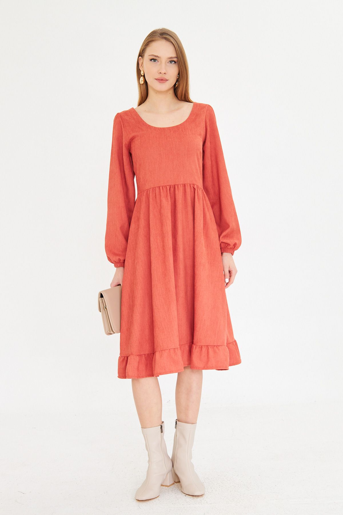 Female Salmon U Behind the Back Zipper Waist Midi Midi Boy Velvet Dress ARM-25K001103