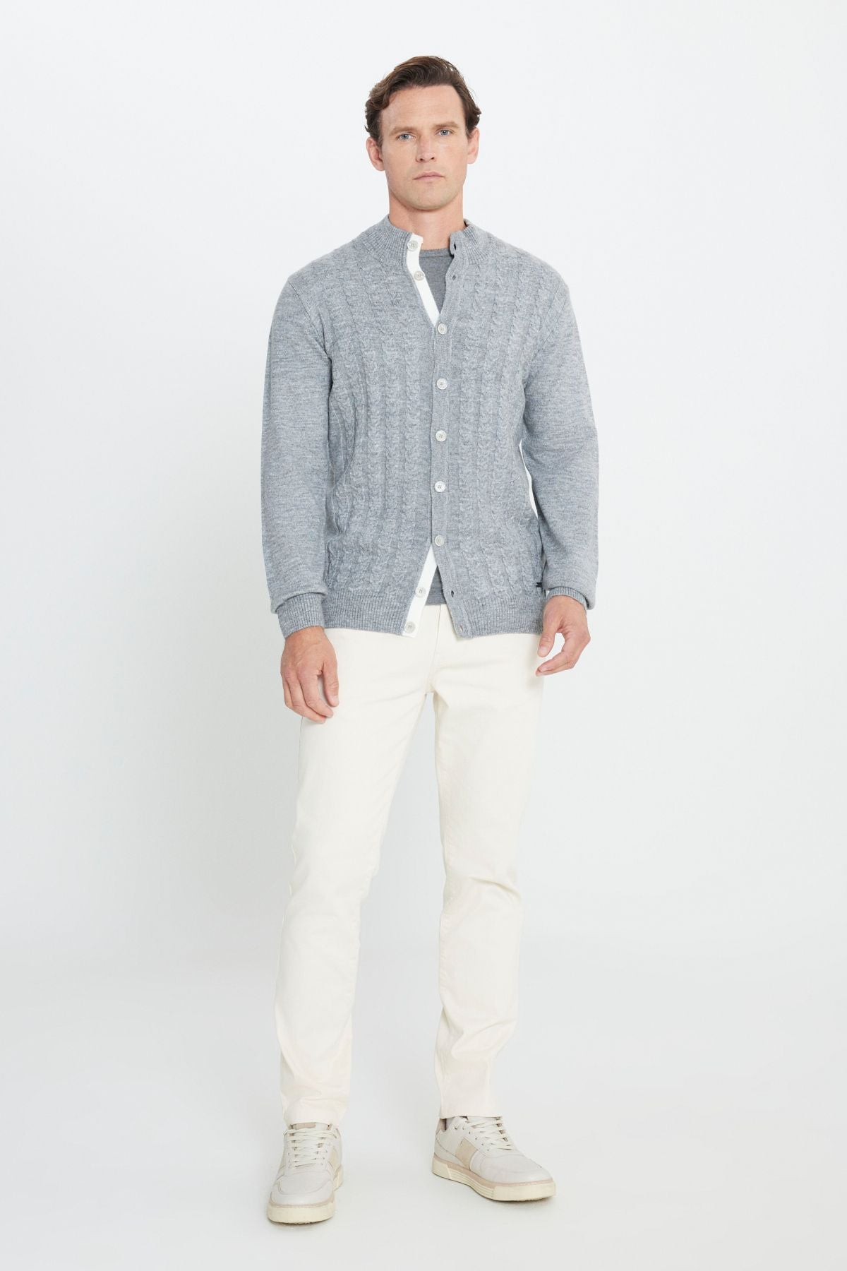 Men's Gray Standard Fit Normal Cut Bato Neck Patterned Knitwear Cardigan