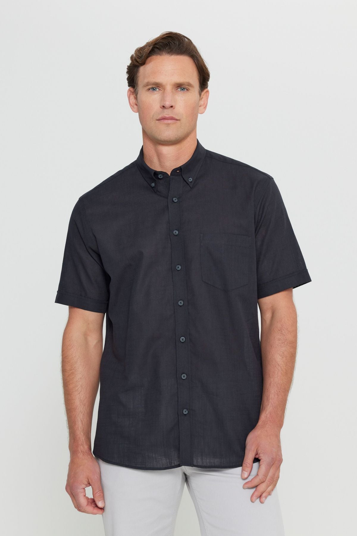 Men's Black Comfort Fit Casual Cutting Buttoned Neck Linen Look 100 %Cotton Short Sleeve Shirt