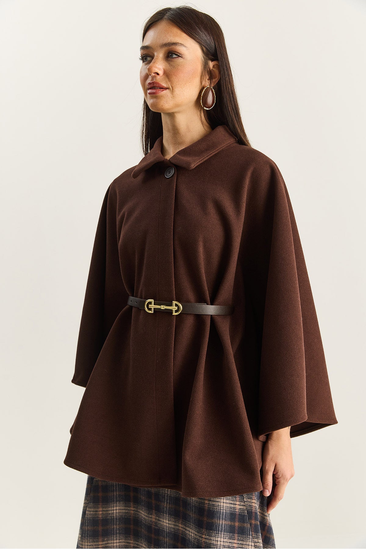 Women's Collared Single Button Detailed Belted Stash Poncho 9170 60283812