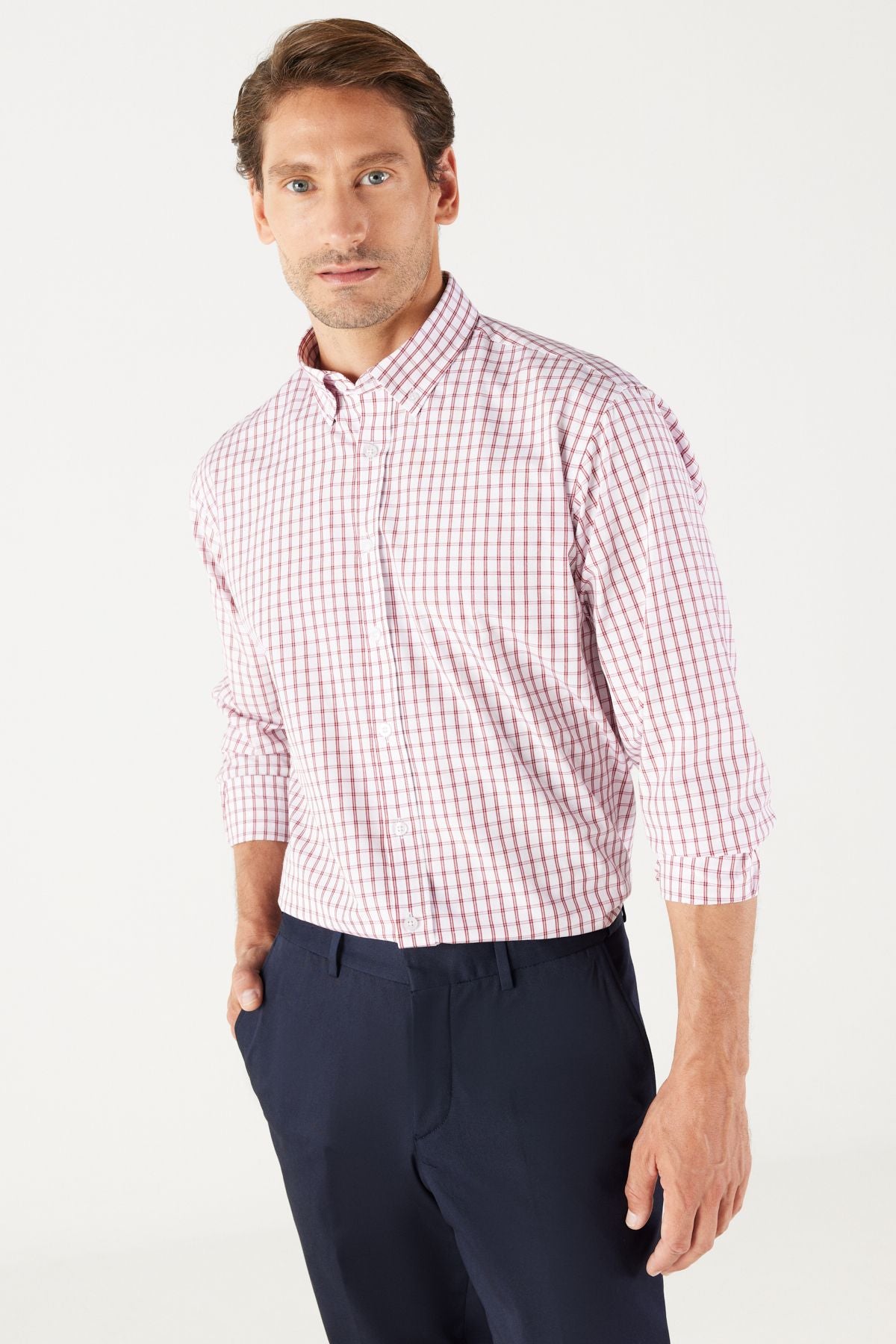 Men's White-Bordo Comfort Fit Casual Cutting Buttoned Neck Cotton Cotton Shirt