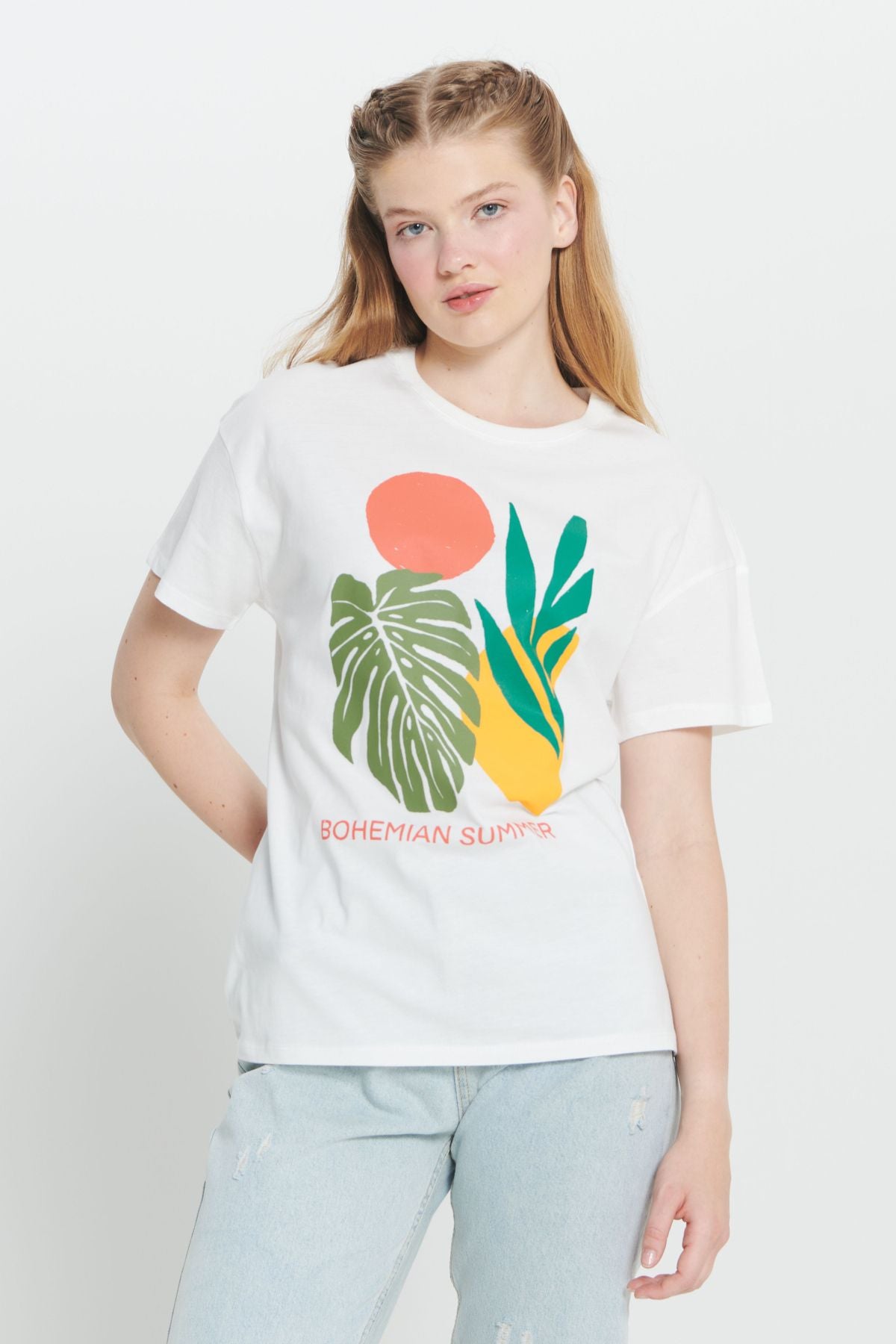 Ecru 100 %Cotton Oversizle Fit Plenty Cut Printed Bicycle Cycloth Crop T -shirt